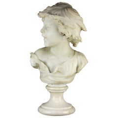 Large Italian Classical Carved Alabaster Portrait Bust of Girl by Piazza, 19th C