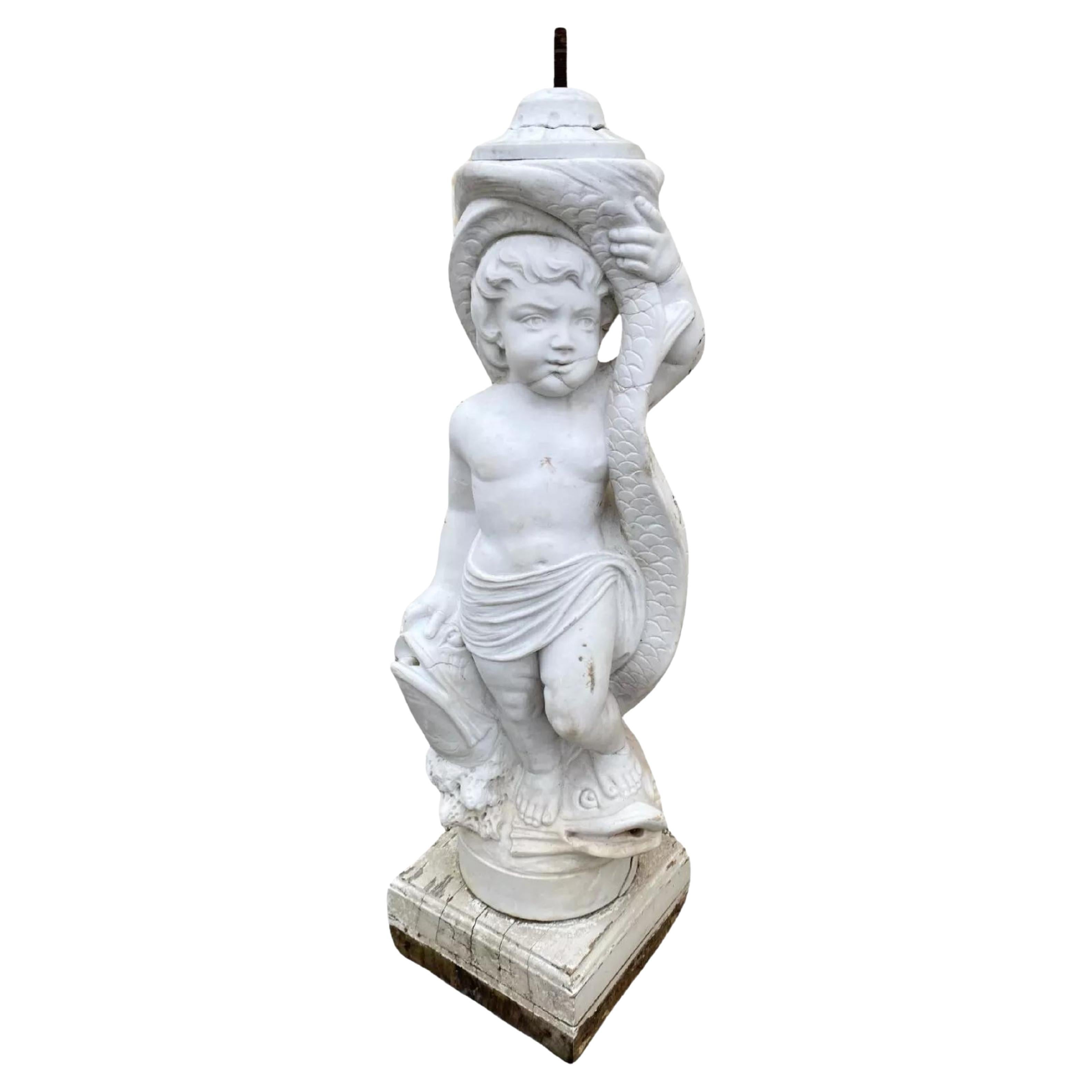 Italian Classical Carved Marble 31" Cherub Dolphin Garden Fountain Statue For Sale