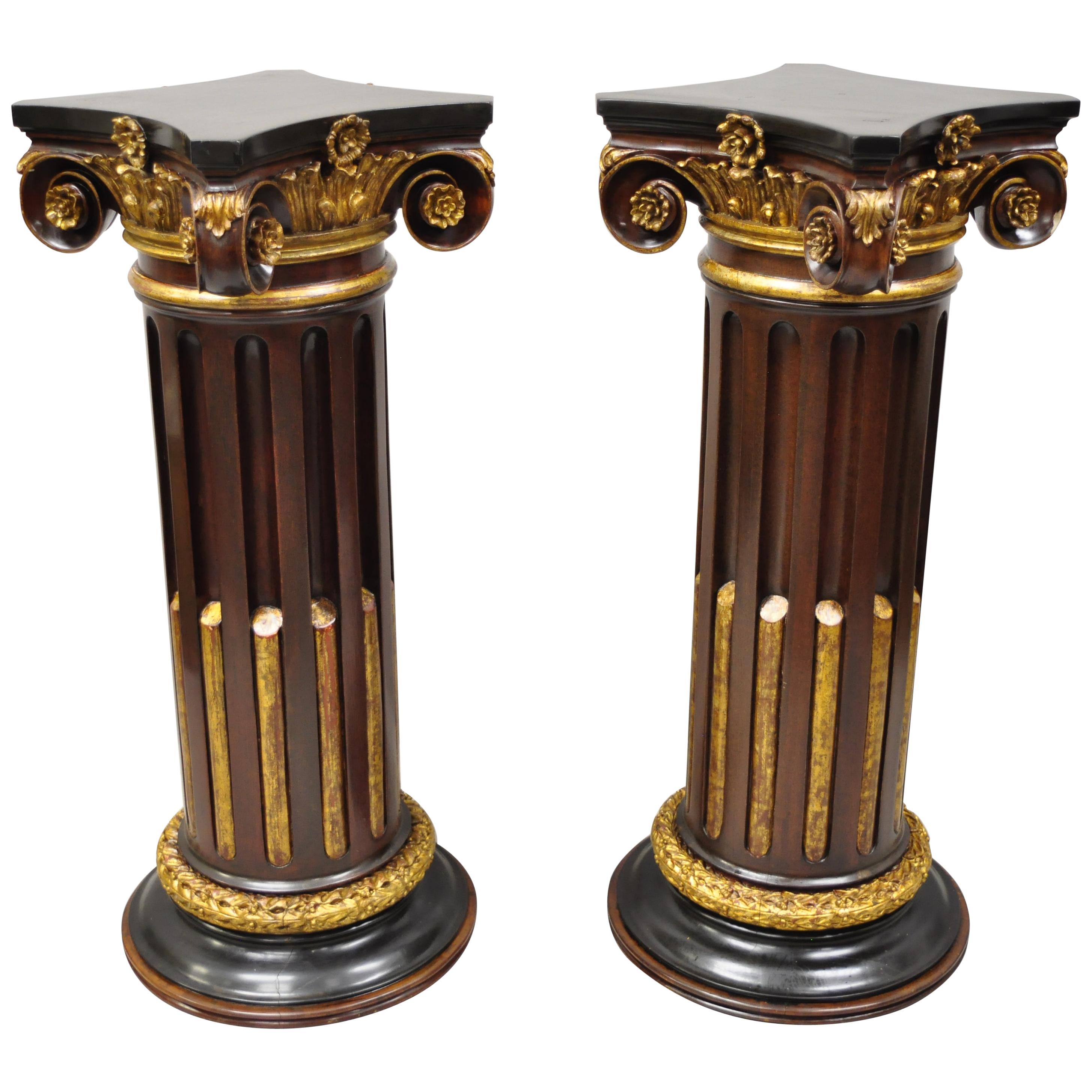 Italian Classical Carved Polychrome Gold Gilt Corinthian Column Pedestals, Pair For Sale