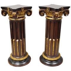Italian Classical Carved Polychrome Gold Gilt Corinthian Column Pedestals, Pair