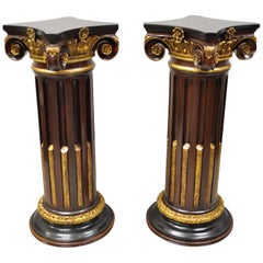 Vintage Italian Classical Carved Polychrome Gold Gilt Corinthian Column Pedestals, Pair