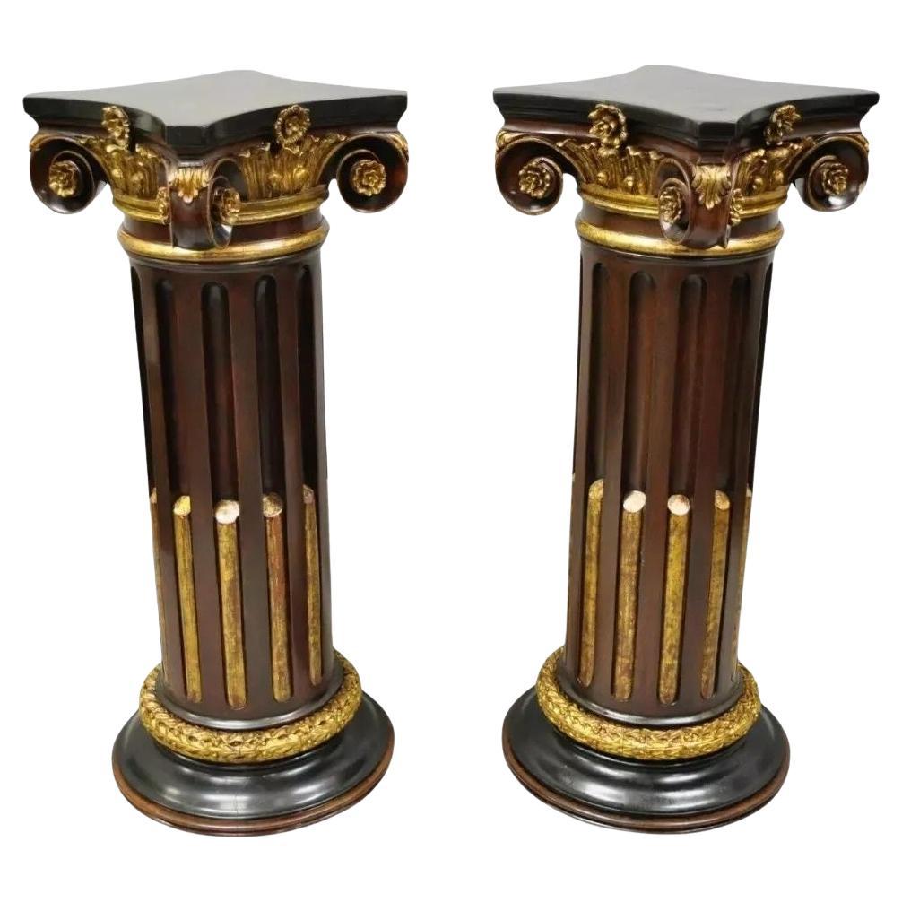 Italian Classical Carved Polychrome Gold Gilt Corinthian Column Pedestals - Pair