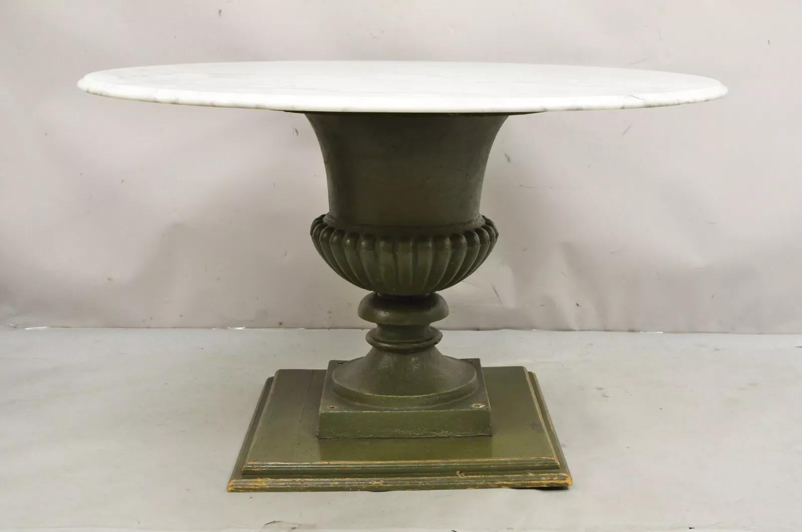 Vintage Italian Classical Style Cast Iron Urn Planter Pedestal Base with Round Marble Top Dining Table. Item. Green cast iron urn form pedestal base, 48