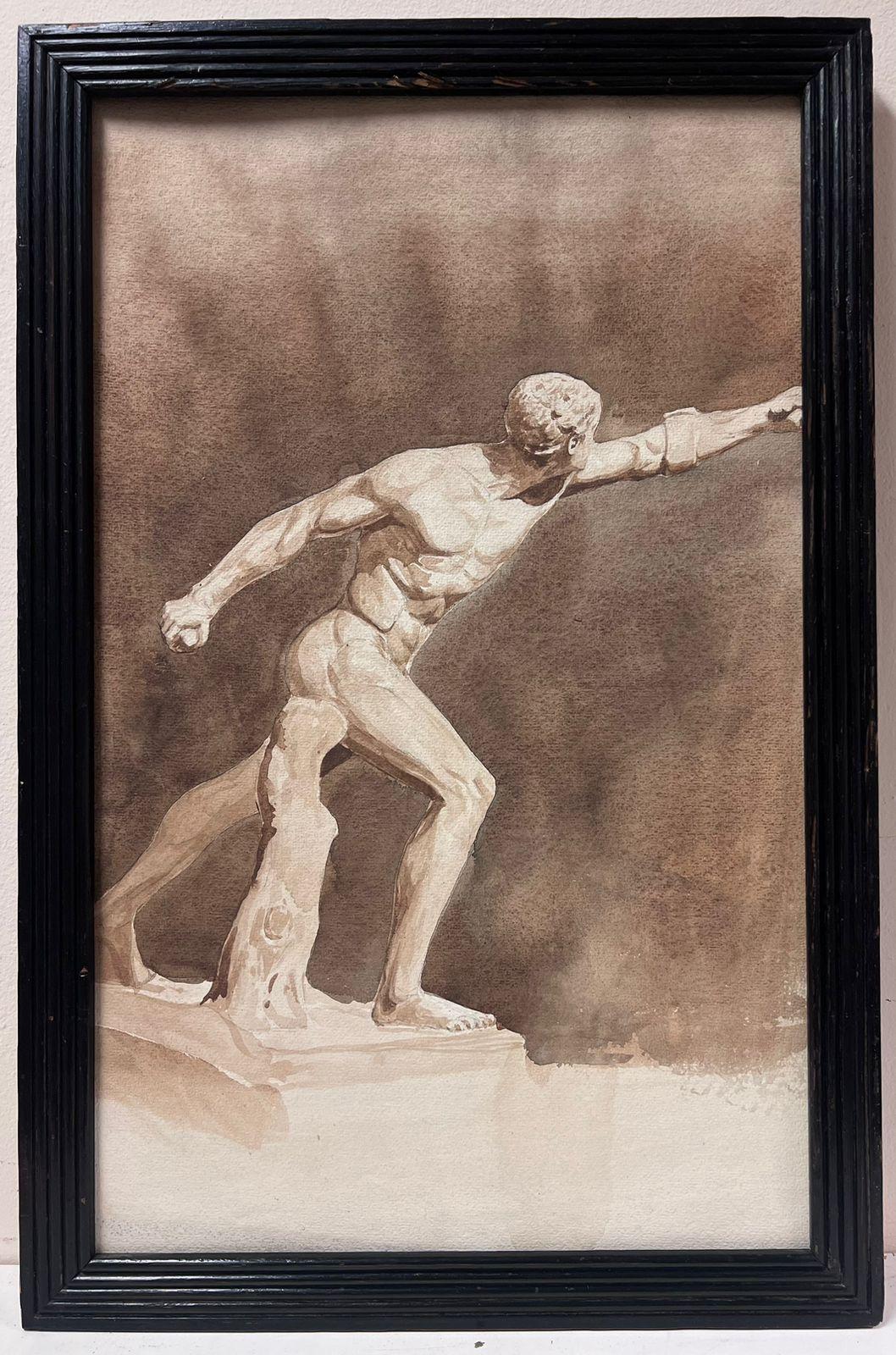 Antikes Aquarellgemälde Muscular Male Nude Klassische römische Pose, klassisches Aquarellgemälde – Painting von Italian Classical