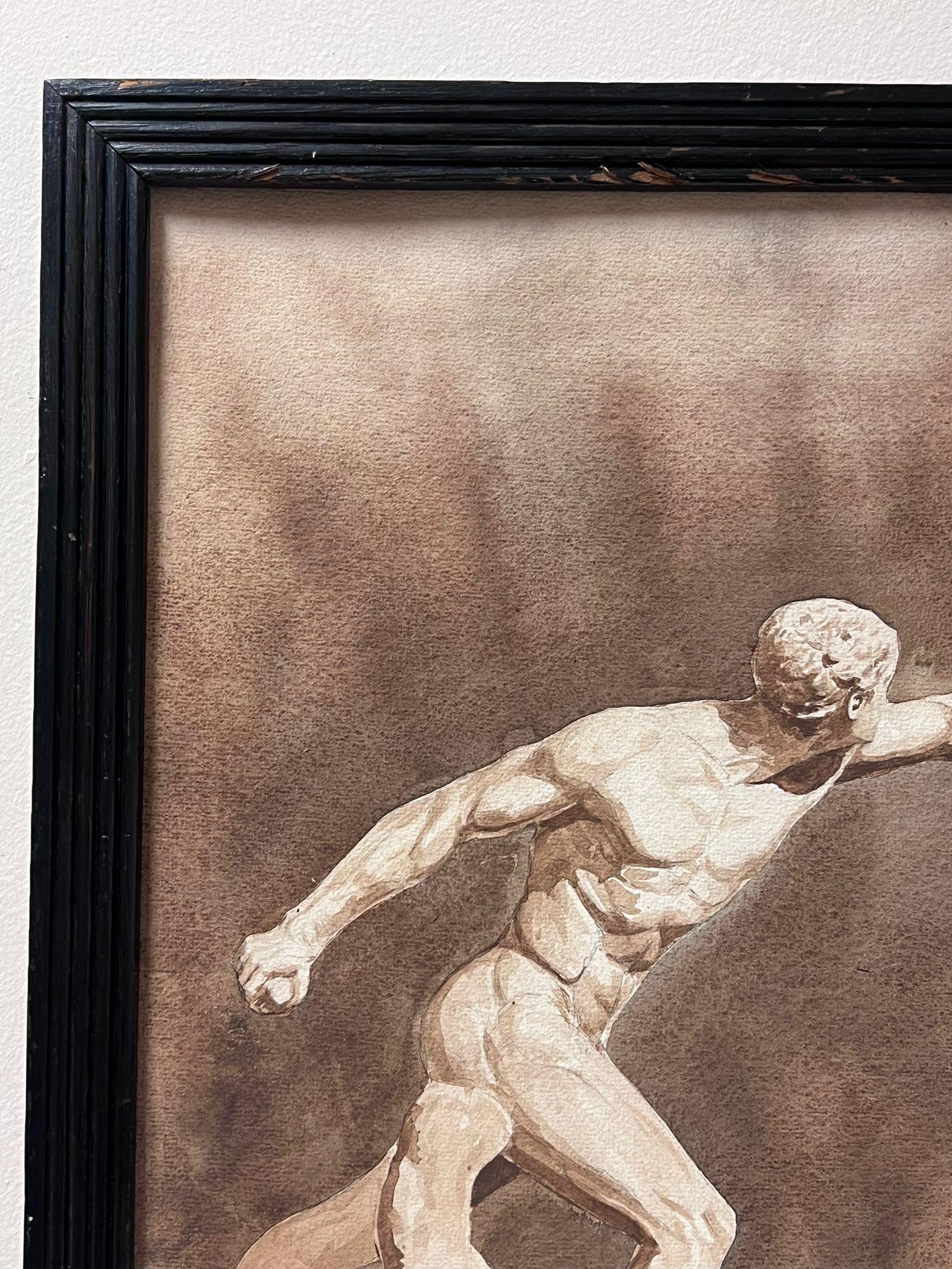 Antique Watercolor Painting Muscular Male Nude Classical Roman Pose For Sale 1