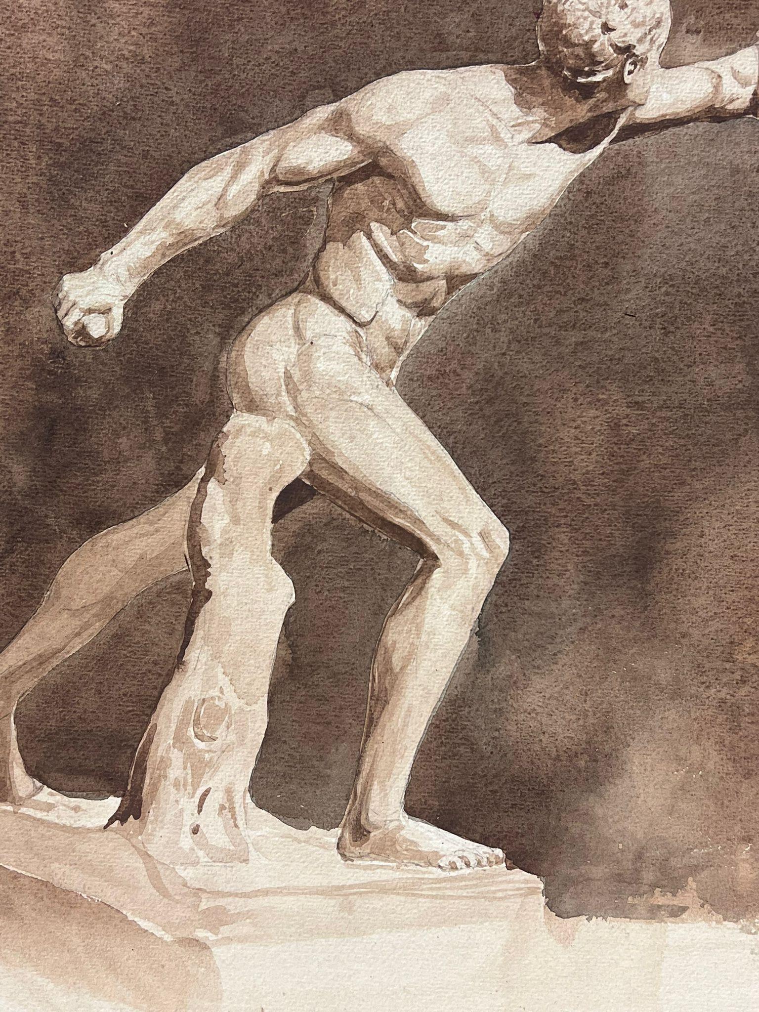 Antique Watercolor Painting Muscular Male Nude Classical Roman Pose For Sale 1