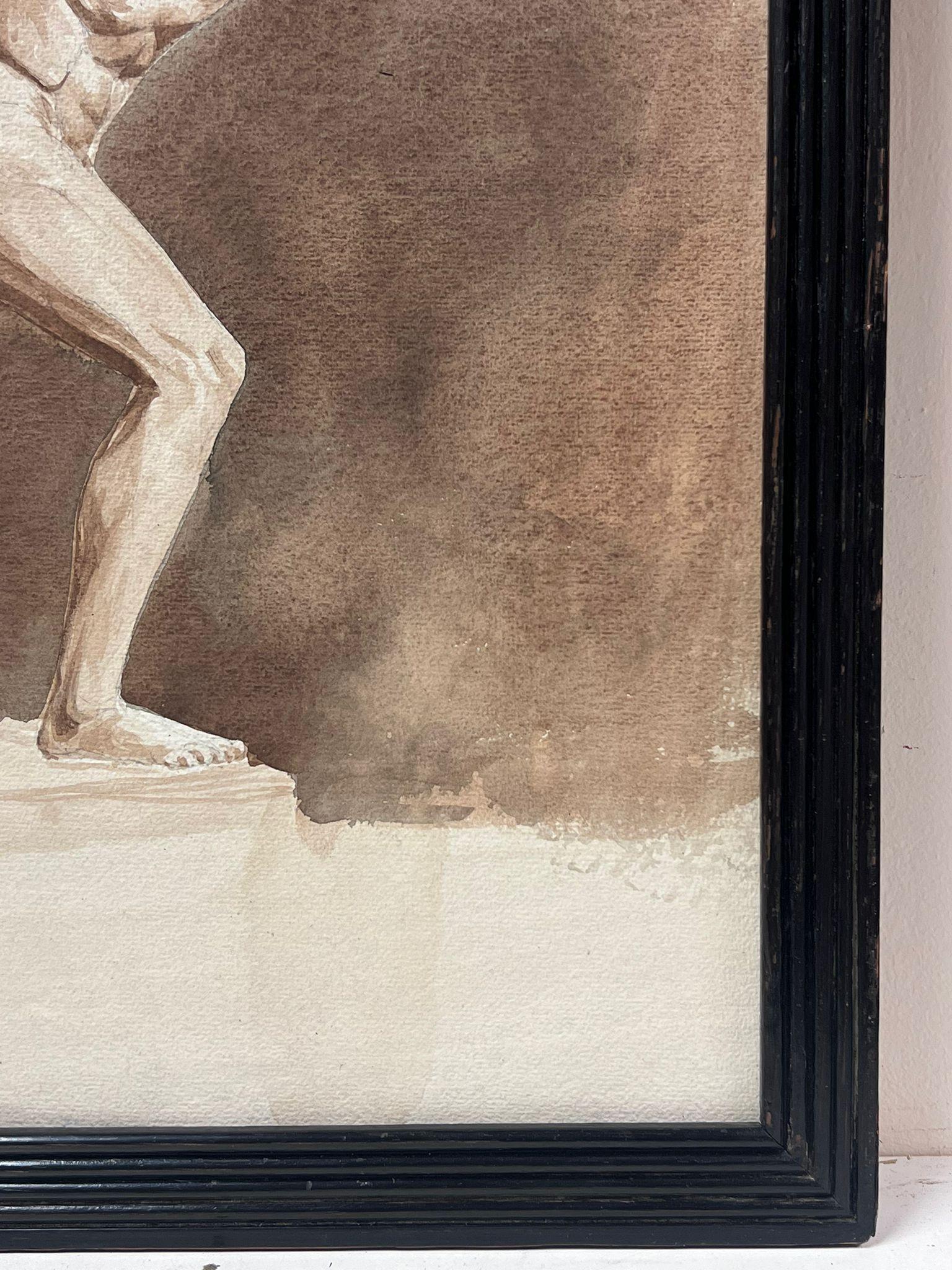Antique Watercolor Painting Muscular Male Nude Classical Roman Pose For Sale 3