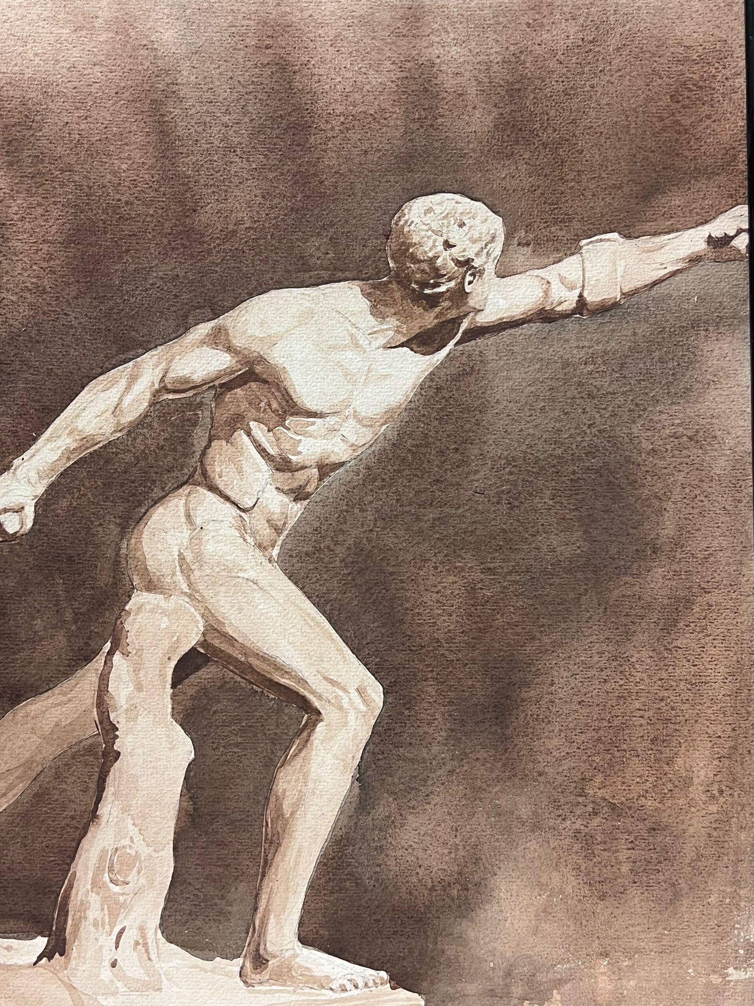 Antique Watercolor Painting Muscular Male Nude Classical Roman Pose For Sale 3