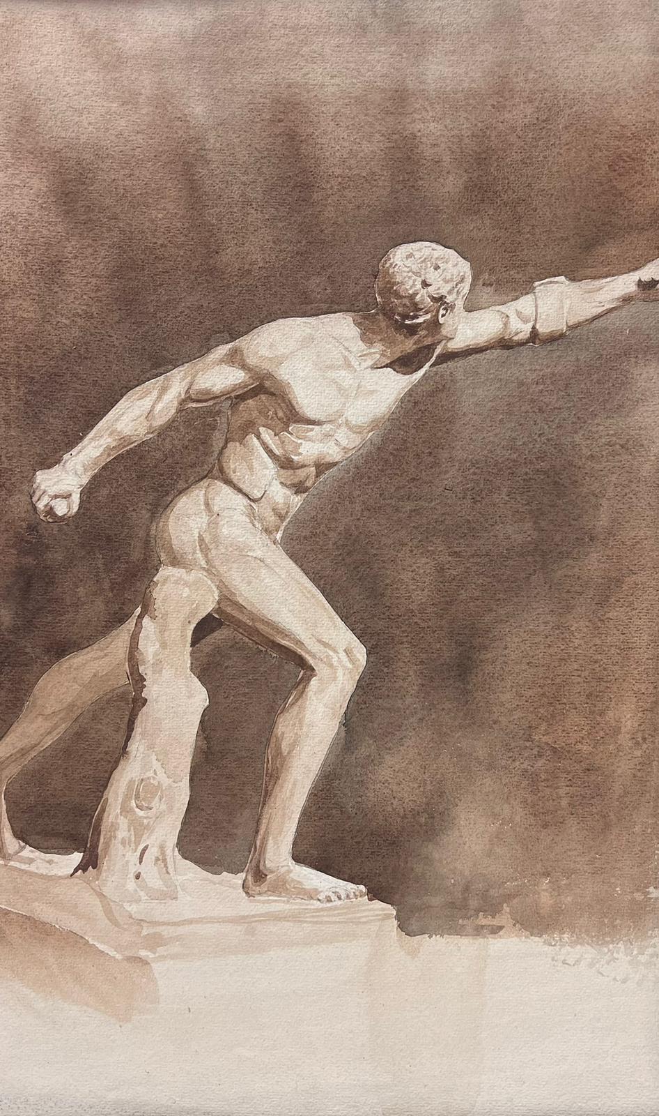 Italian Classical Figurative Painting - Antique Watercolor Painting Muscular Male Nude Classical Roman Pose