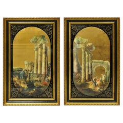 Italian Classical Reverse Painted Glass Gold Roman Greek Art Painting, a Pair