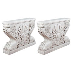 Italian Classical Roman White Marble Sculptured Pair Table Pedestals Trapezofori