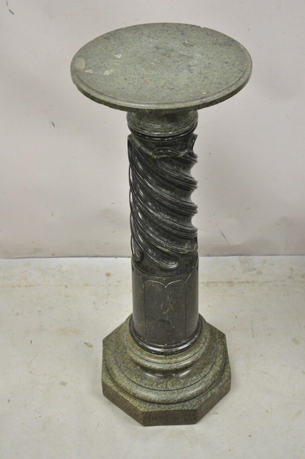 Antique Italian Classical Style Green Marble Spiral Carved Round Pedestal Plant Stand. Circa Early to Mid 20th Century.
Measurements: 39.5