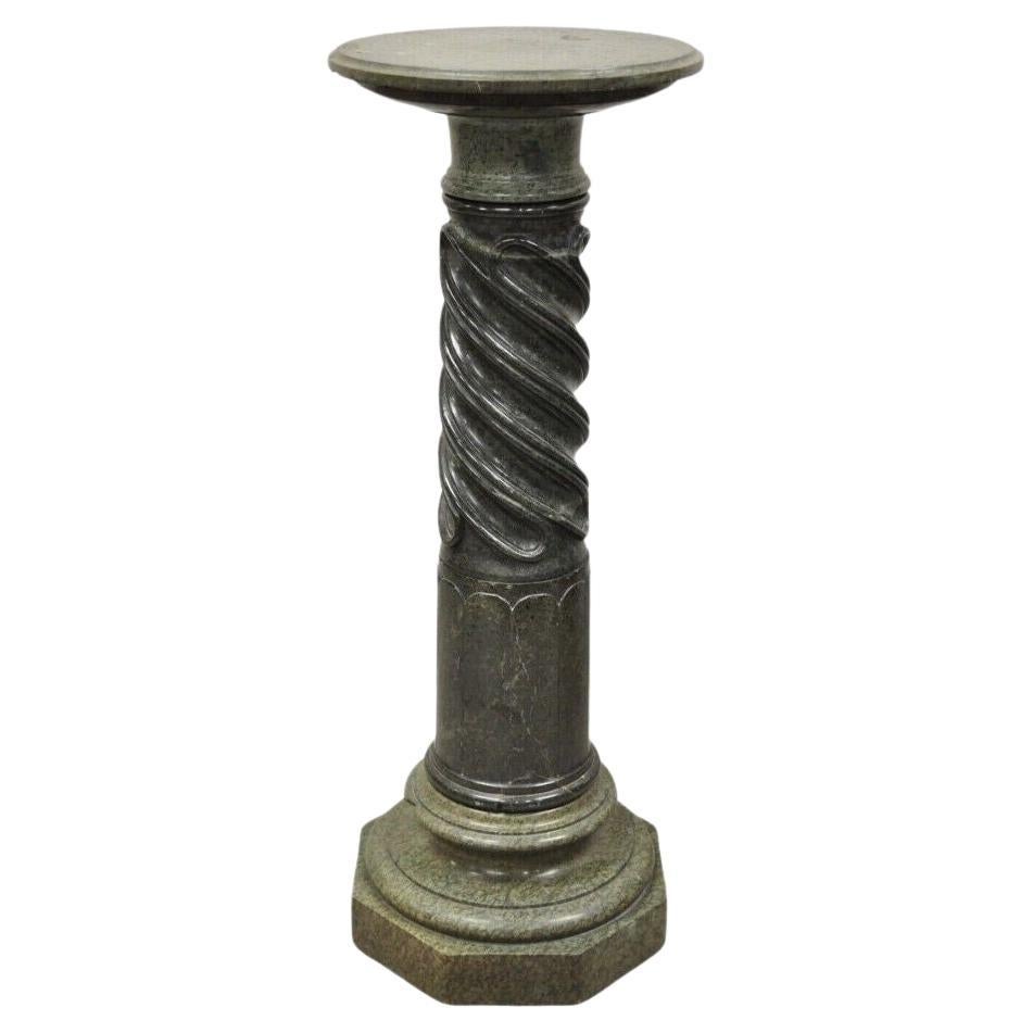 Italian Classical Style Green Marble Spiral Carved Round Pedestal Plant Stand For Sale