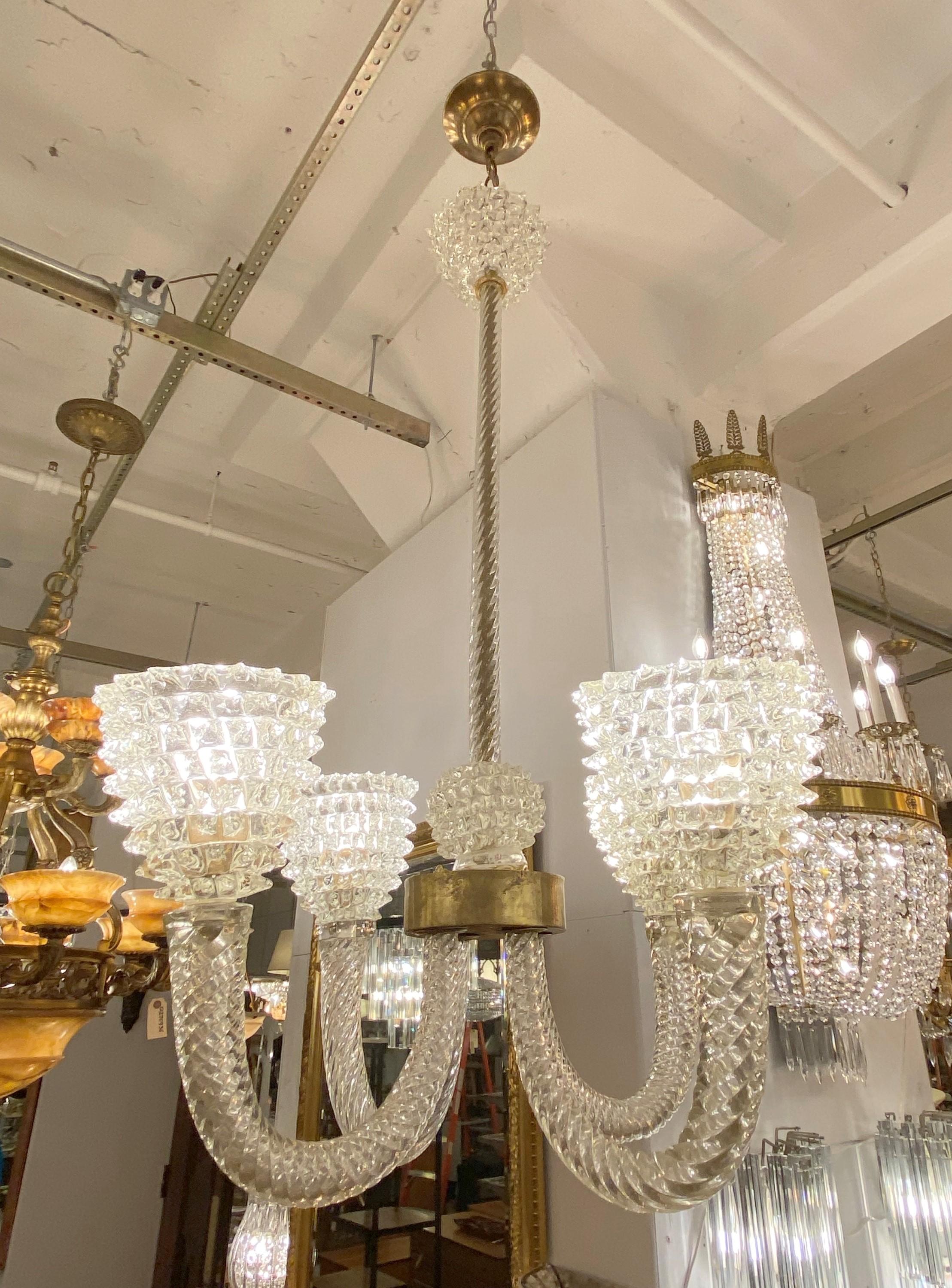 Italian Clear Ghiaccio Glass 4 Light Murano Chandelier Restored In Good Condition For Sale In New York, NY