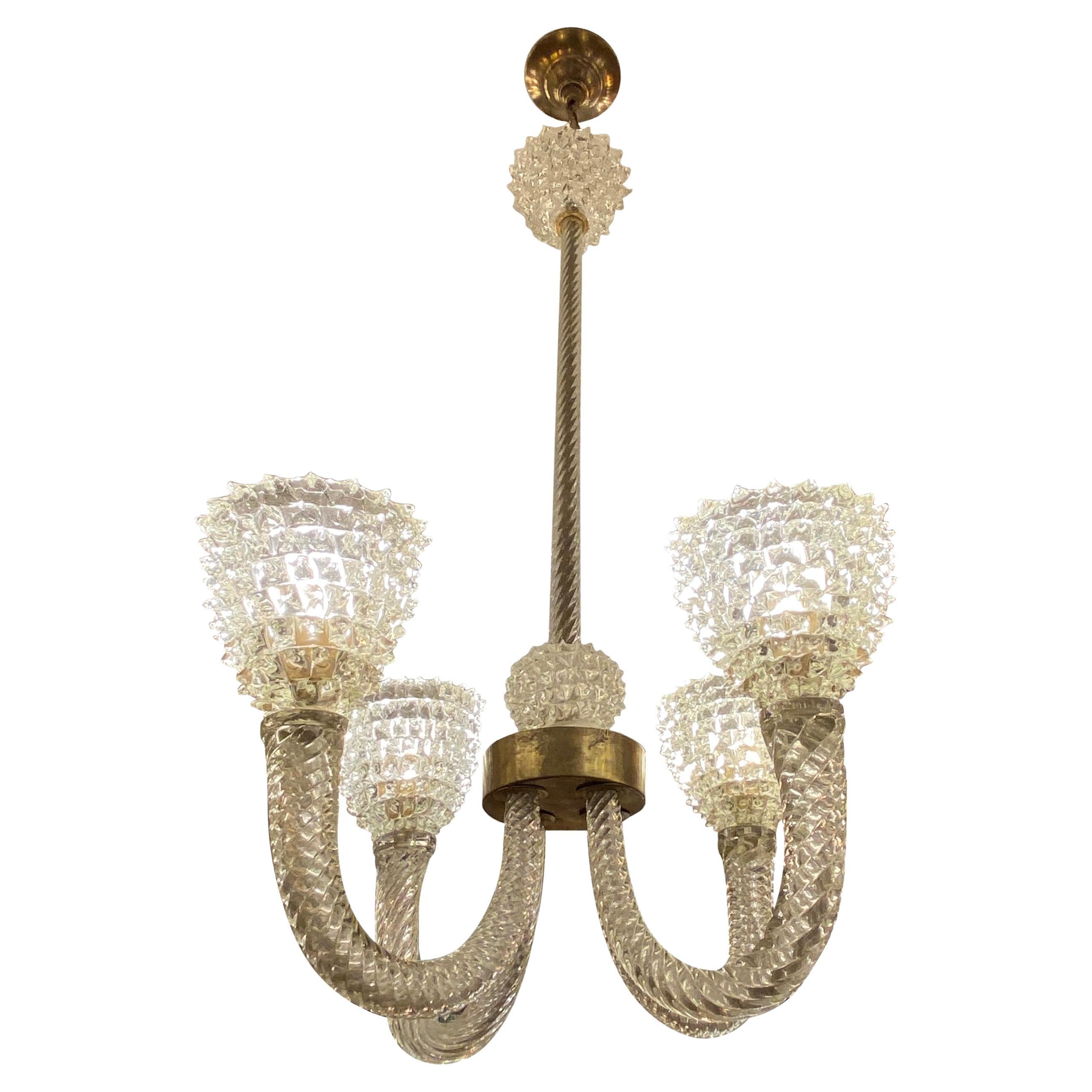 Italian Clear Ghiaccio Glass 4 Light Murano Chandelier Restored