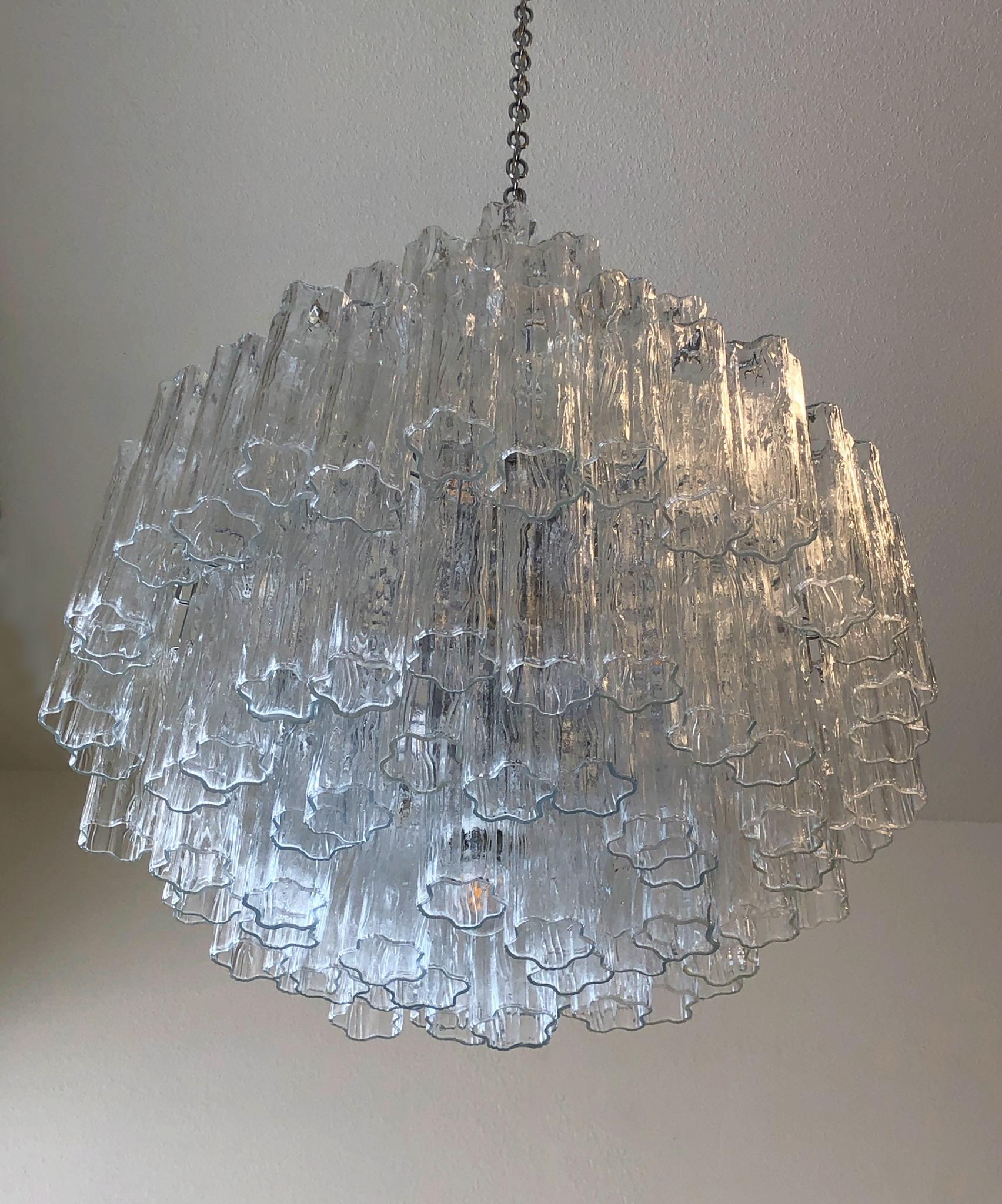 Late 20th Century Italian Clear Murano Glass and Chrome Tronchi Chandelier by Venini