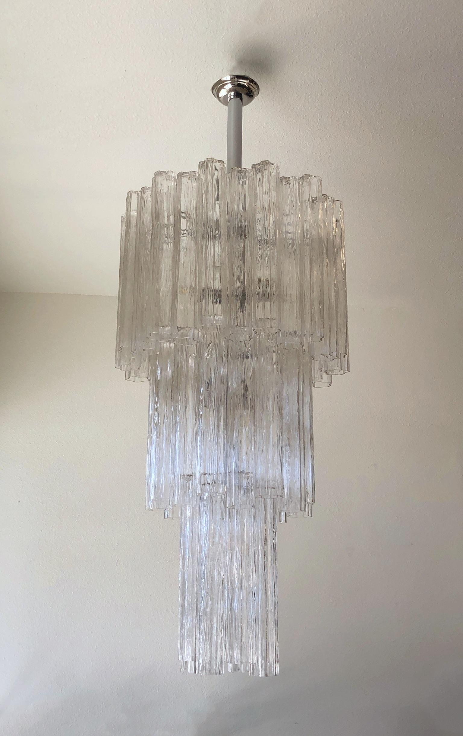 Italian Clear Murano Glass and Chrome Tronchi Chandelier by Venini In Good Condition In Palm Springs, CA