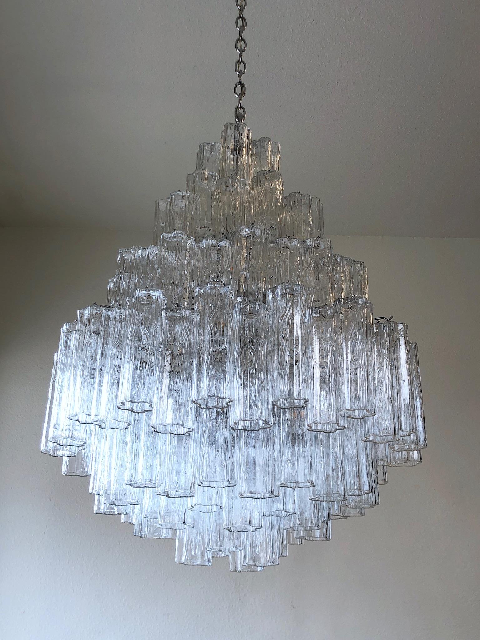 Italian Clear Murano Glass and Chrome Tronchi Chandelier by Venini 3