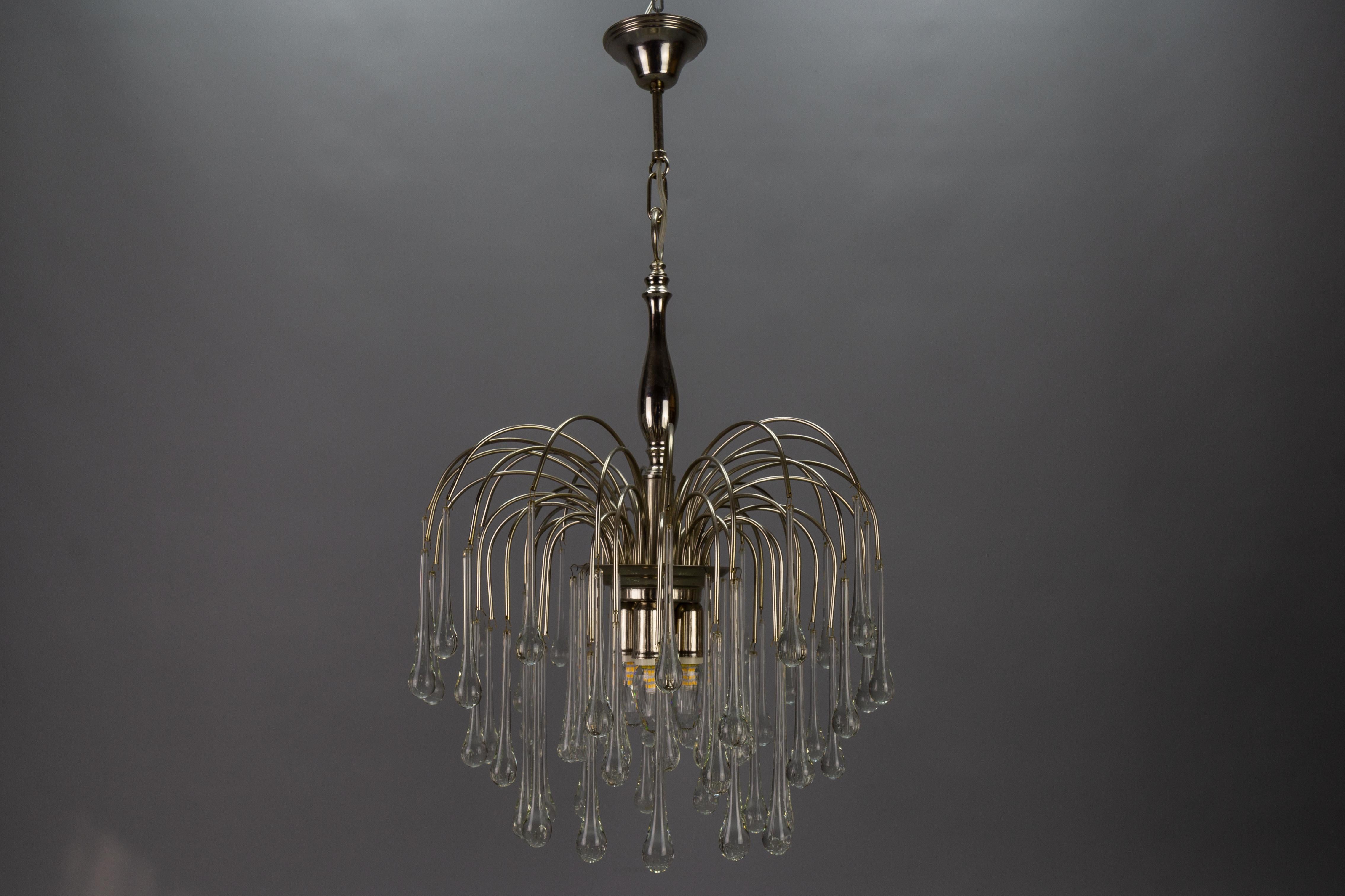 Italian Clear Murano Glass and Chromed Brass Three-Light  Waterfall Chandelier For Sale 8