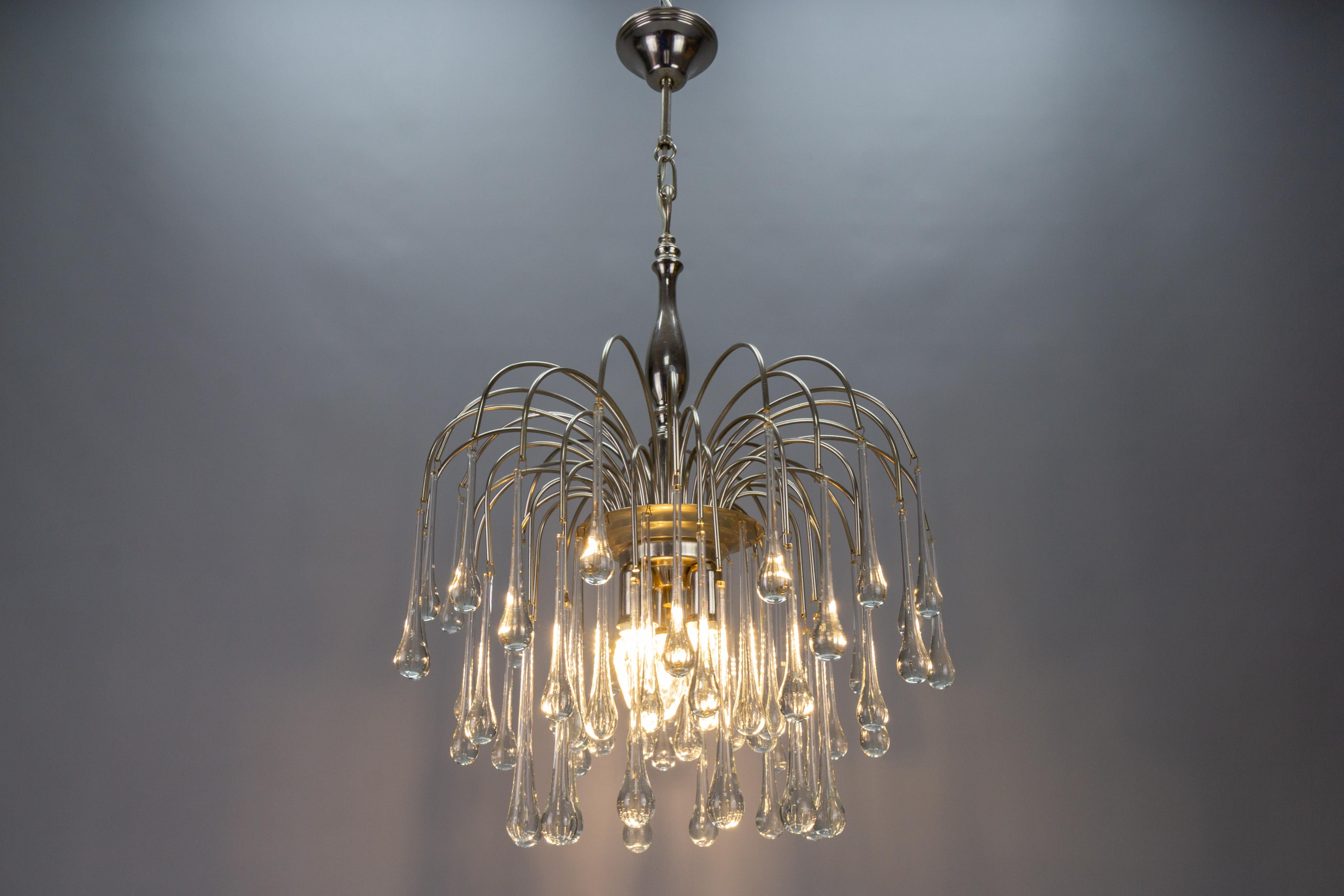 Mid-Century Modern Italian Clear Murano Glass and Chromed Brass Three-Light  Waterfall Chandelier For Sale