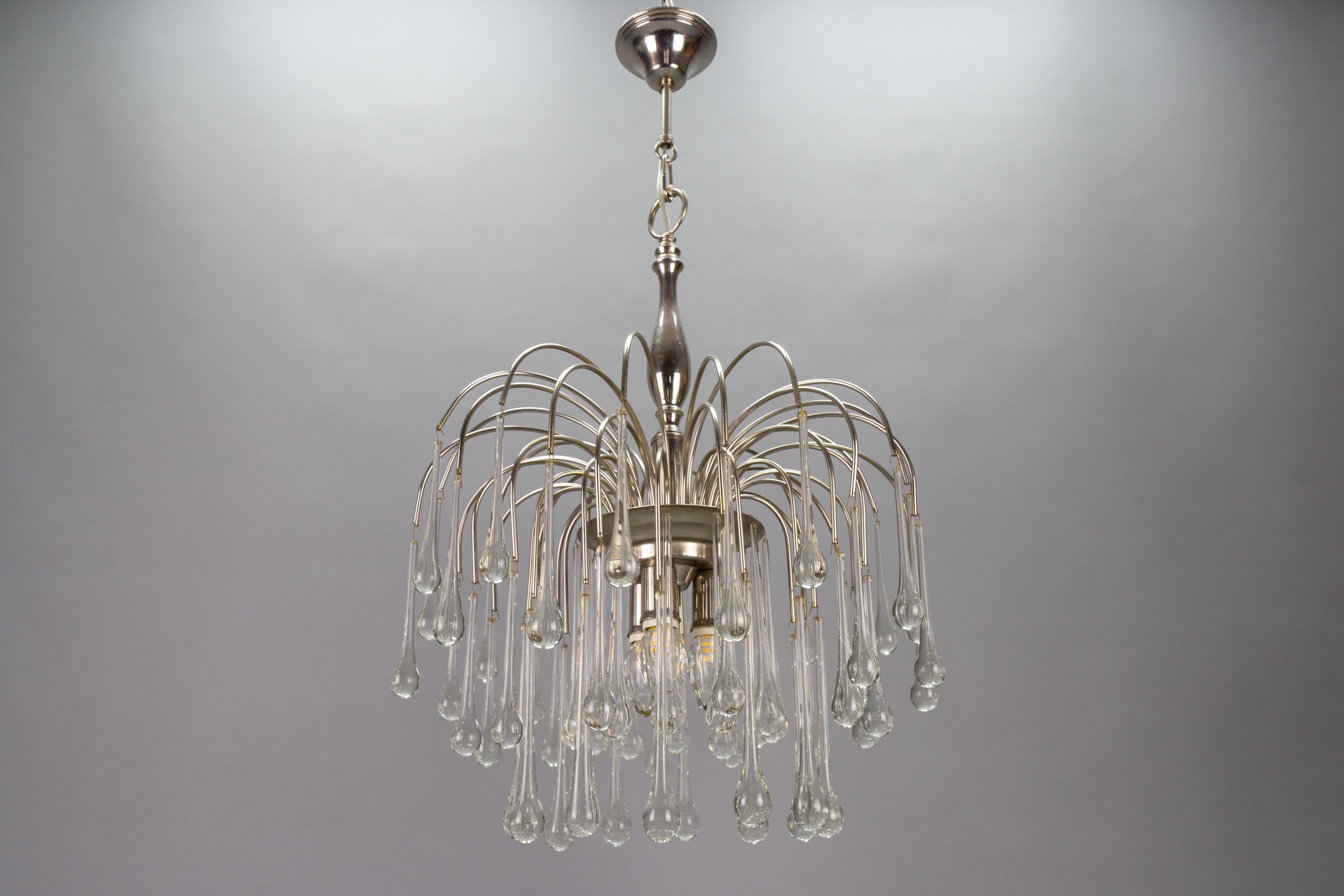 Late 20th Century Italian Clear Murano Glass and Chromed Brass Three-Light  Waterfall Chandelier For Sale