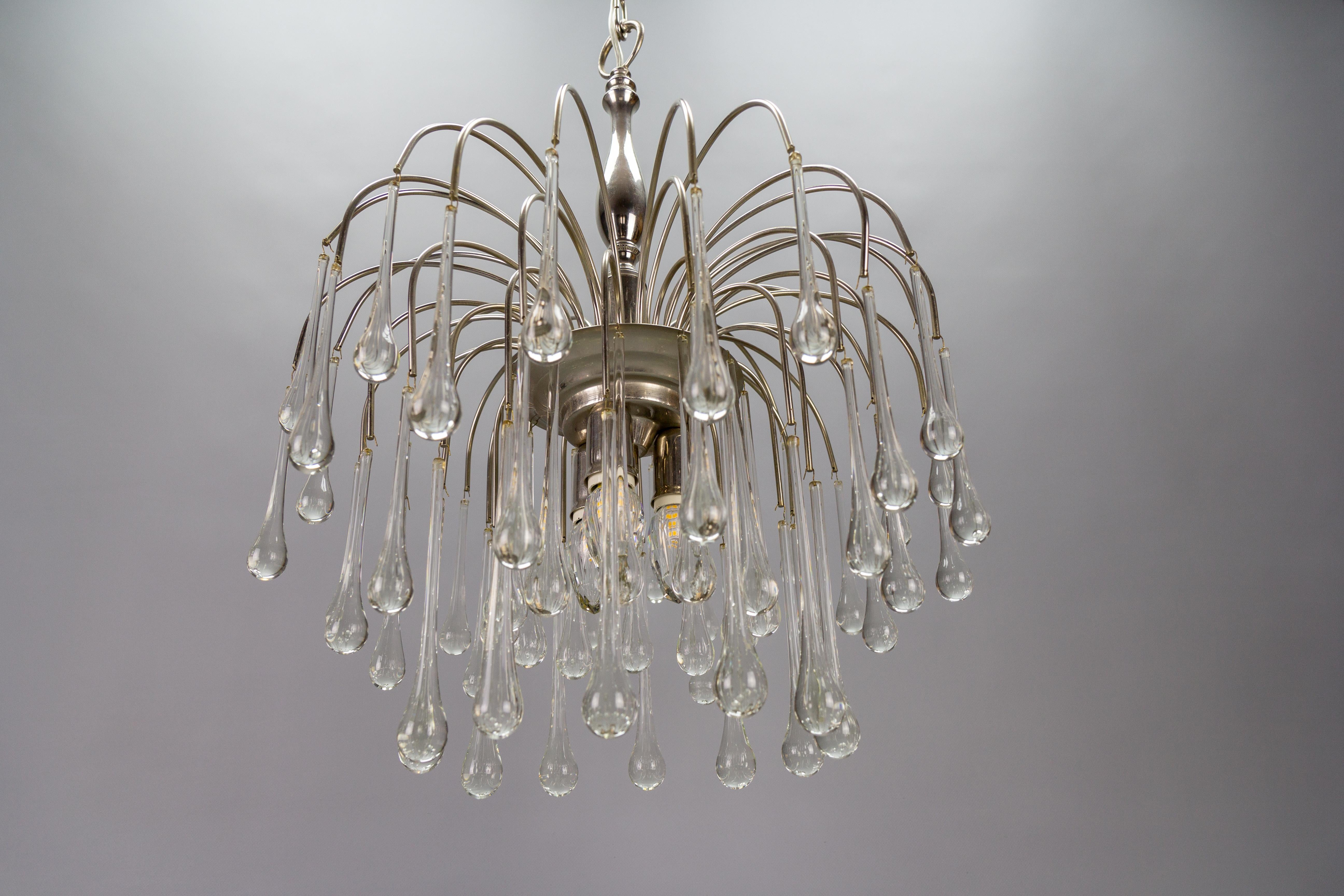 Italian Clear Murano Glass and Chromed Brass Three-Light  Waterfall Chandelier For Sale 1