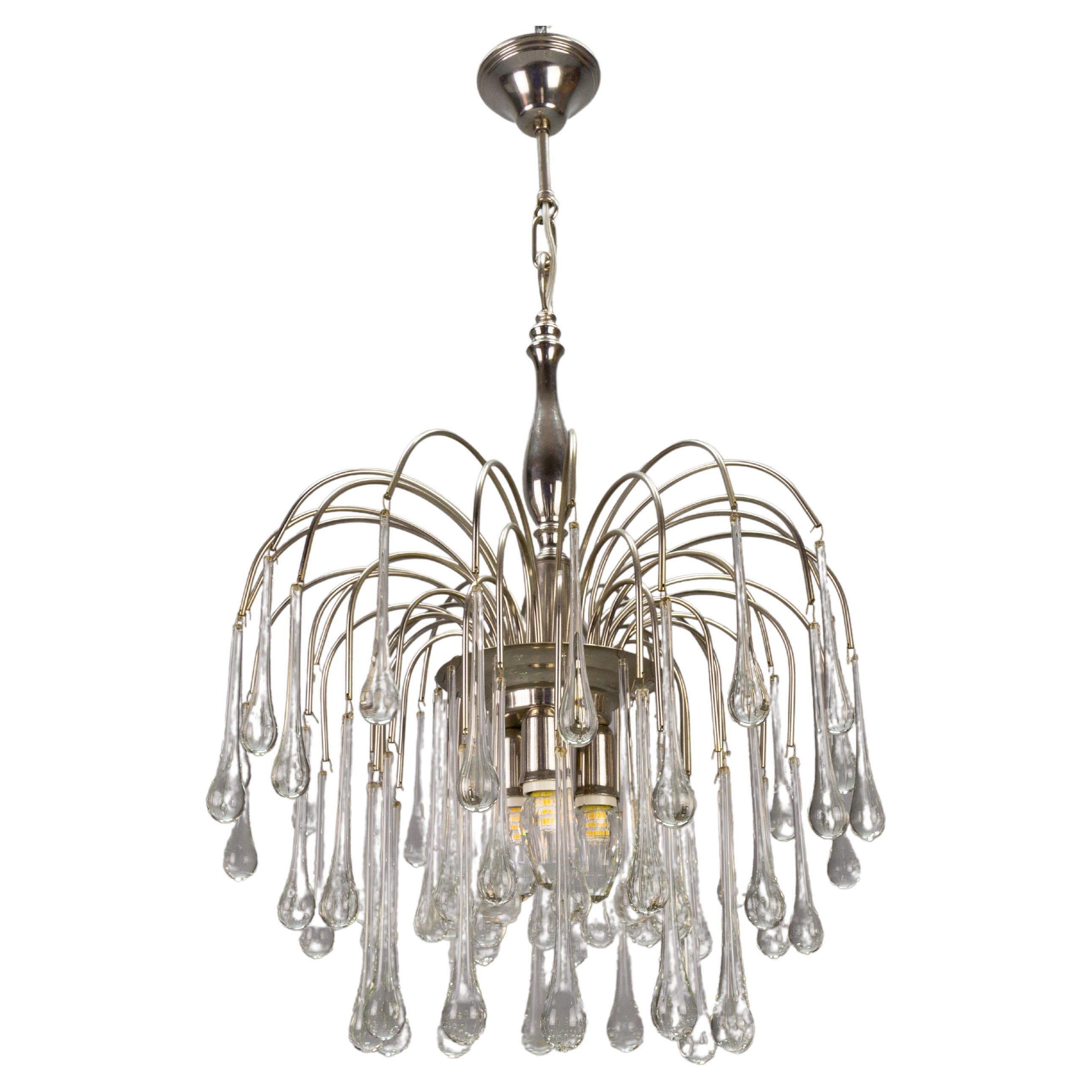 Italian Clear Murano Glass and Chromed Brass Three-Light  Waterfall Chandelier For Sale