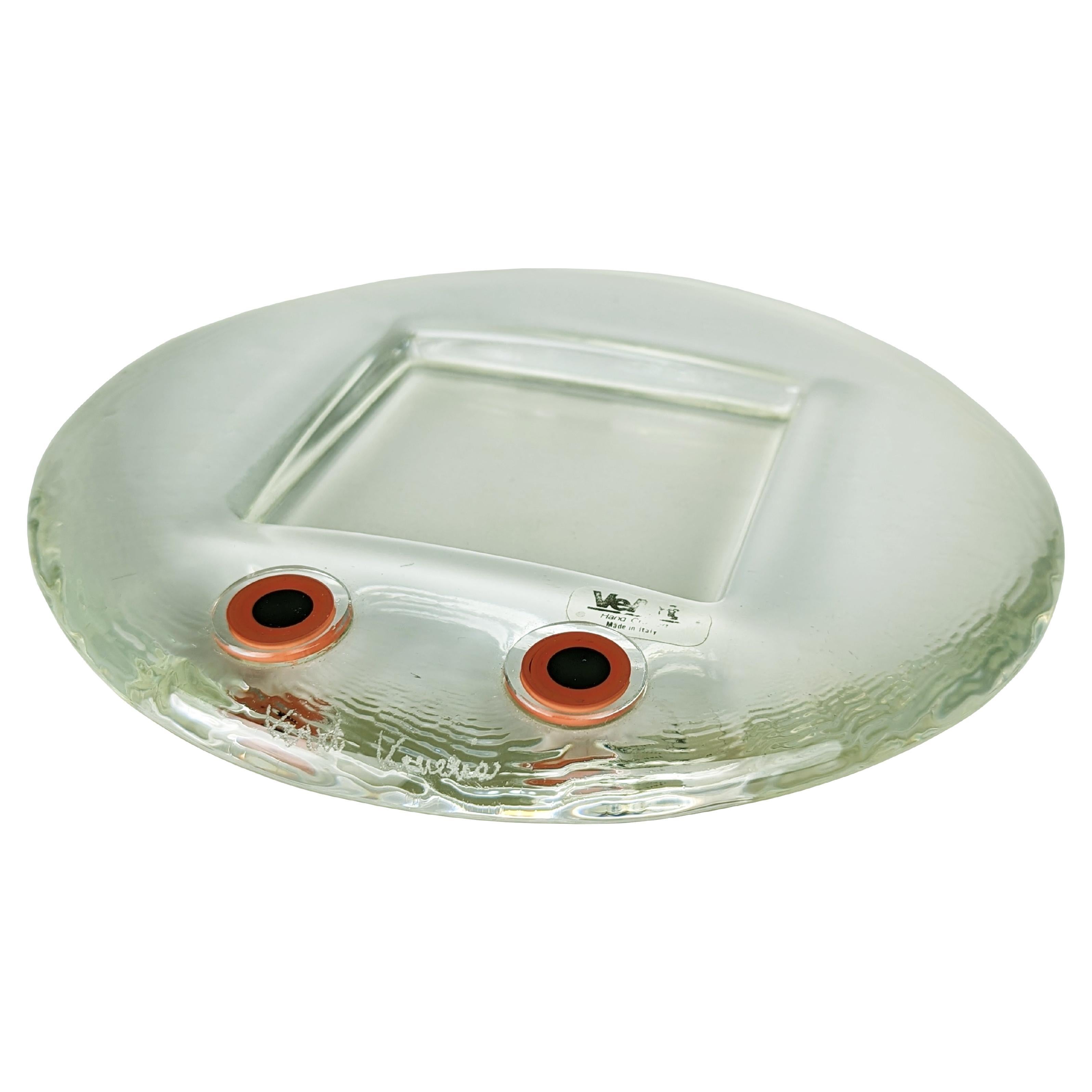 Cenicero italiano de cristal de Murano transparente con Murrine rojo de VeArt Venezia en venta