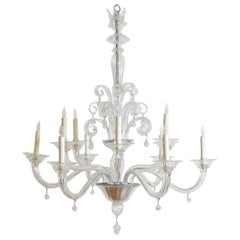 Antique Italian, Clear Murano Glass Two-Tier 12-Light Chandelier, Early 20th Century