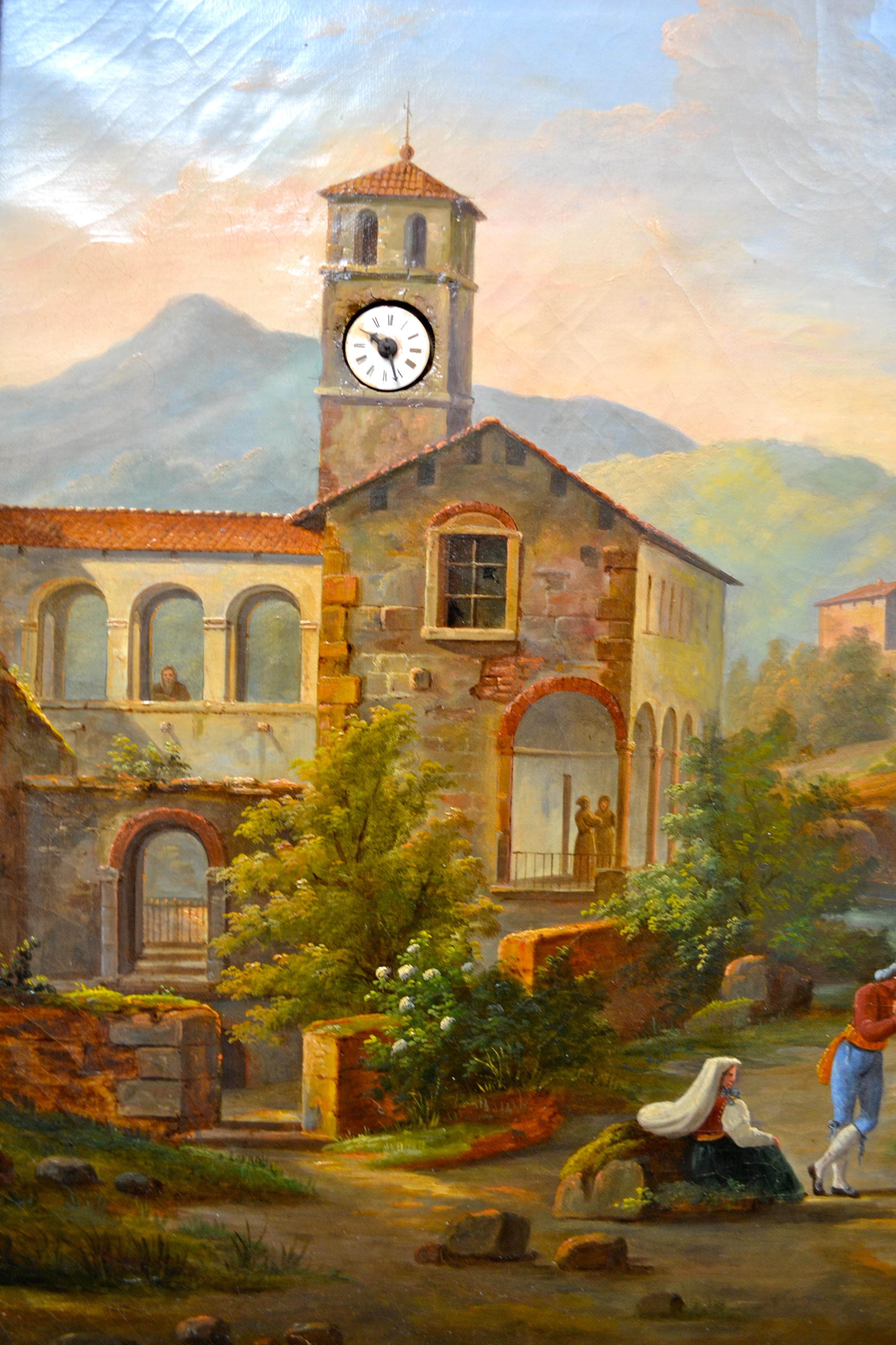 Peinture d'horloge italienne du début/milieu du 19e siècle, signée indistinctement dans le coin inférieur droit. La peinture à l'huile est placée dans un cadre Empire doré d'époque et représente une scène de montagne bucolique avec un couple de