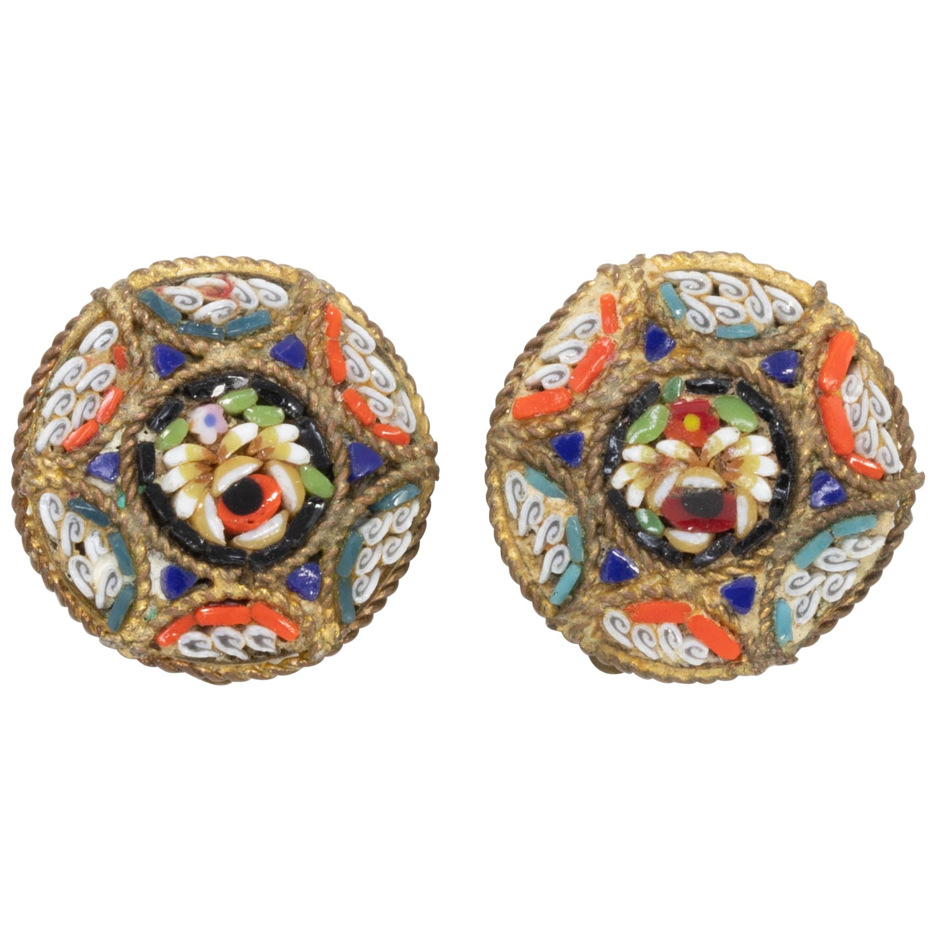 Italian Cloisonne Mosaic Clip On Button Earrings in Brass Tone, Early Mid 1900s For Sale