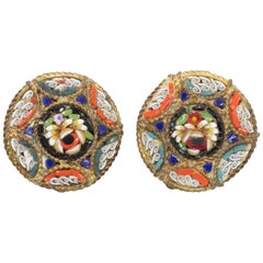 Italian Cloisonne Mosaic Clip On Button Earrings in Brass Tone, Early Mid 1900s