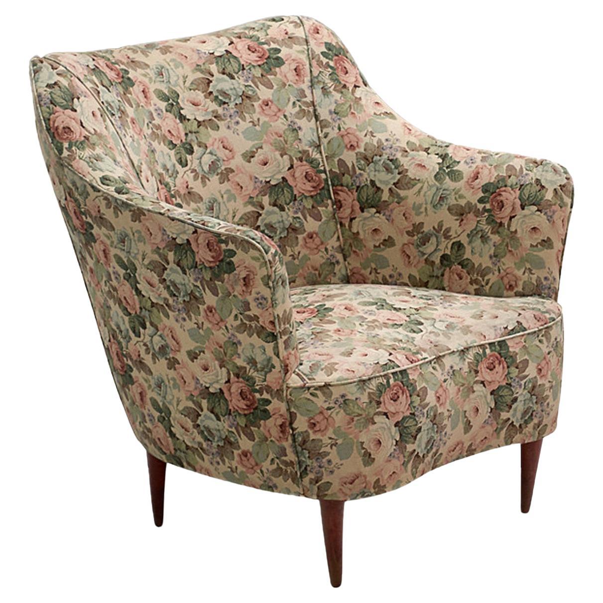Italian Club Chair with Floral Upholstery For Sale