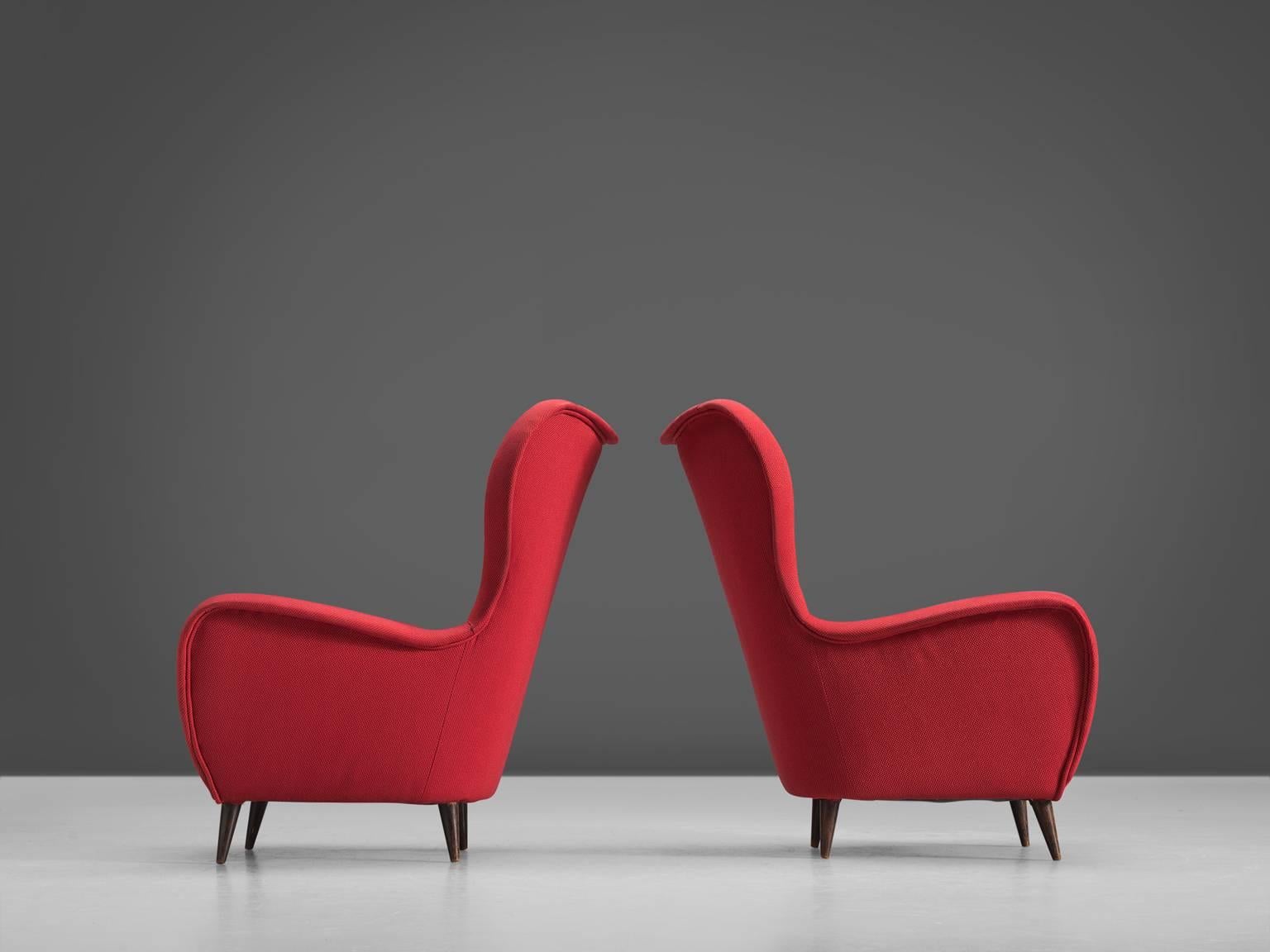 Mid-Century Modern Italian Pair of Wingback Chairs in Red Upholstery
