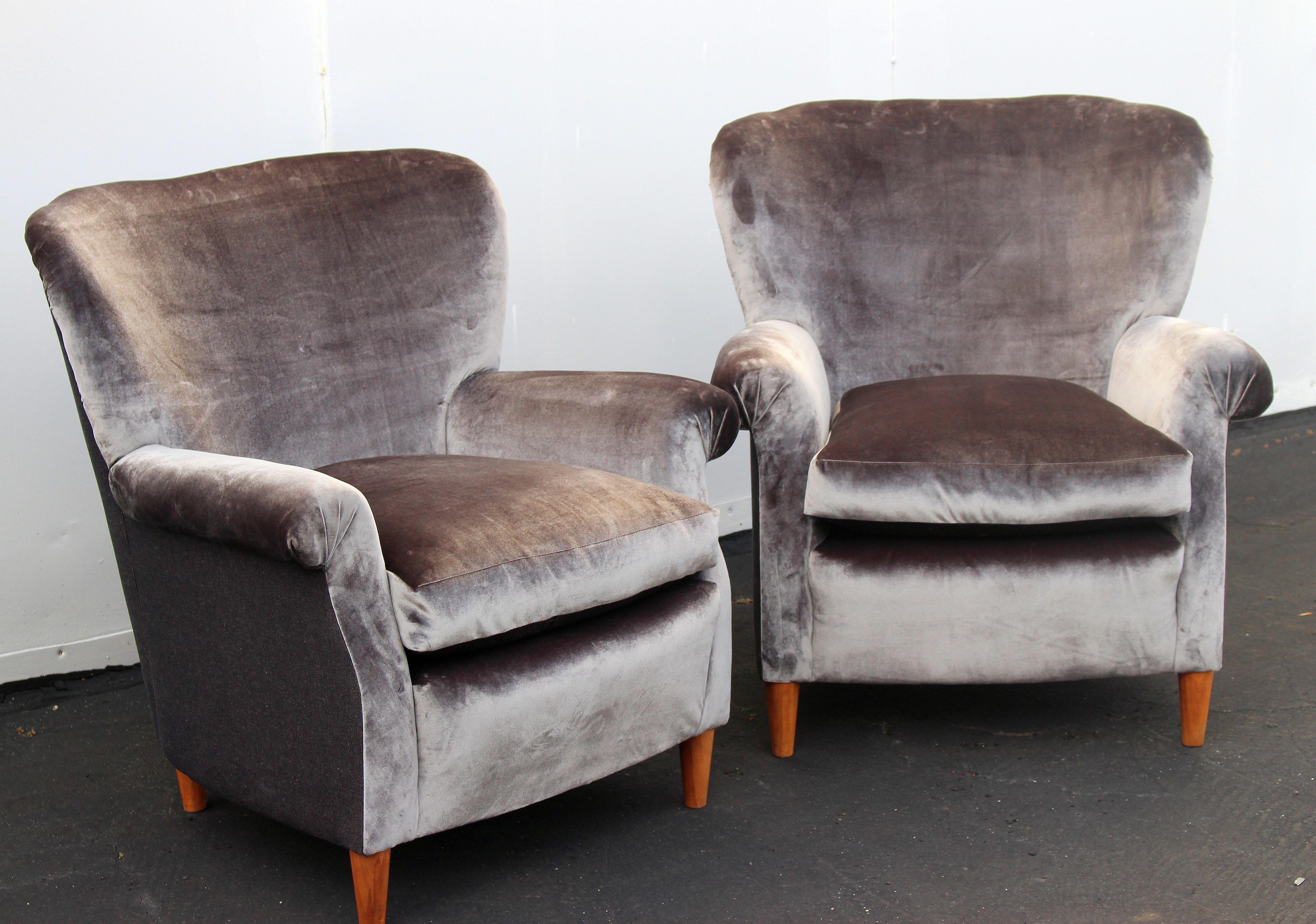 Pair of Italian vintage chairs, new reupholstered in gray velvet.