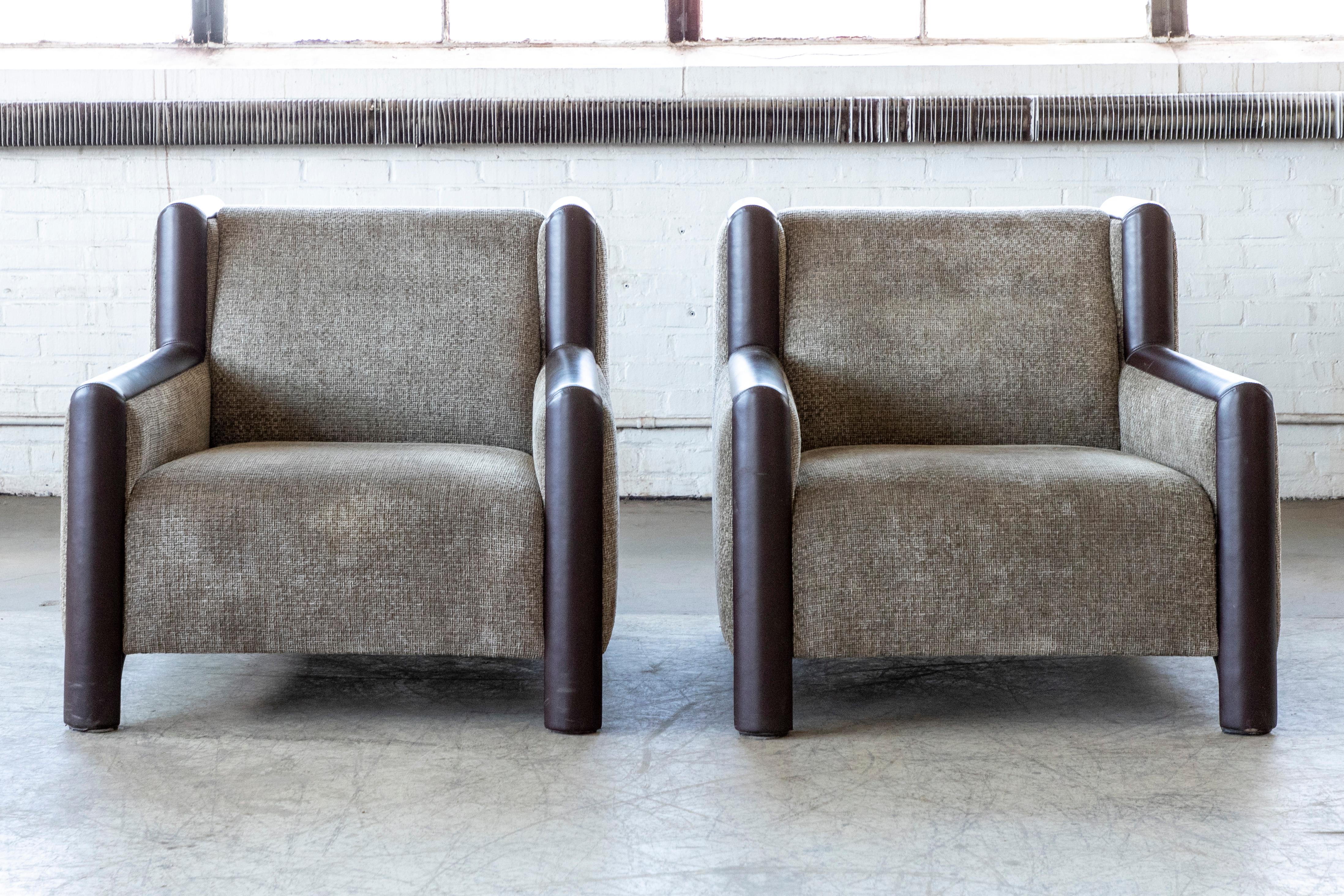 Late 20th Century Italian Club or Lounge Chairs in Leather and Wool 1980's by Romeo Sozzi
