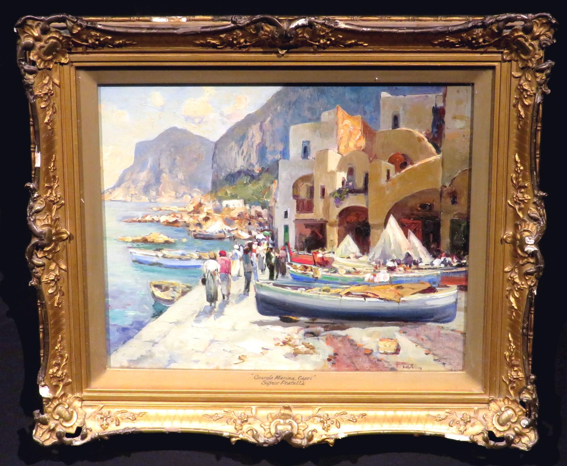 A very charming & finely executed impressionist harbour / coastal view titled 'Grande Marina, Capri' by noted 20th century Italian impressionist artist, Paolo Pratella (1892-1980).
Oil on wood panel, signed bottom right and set within its original