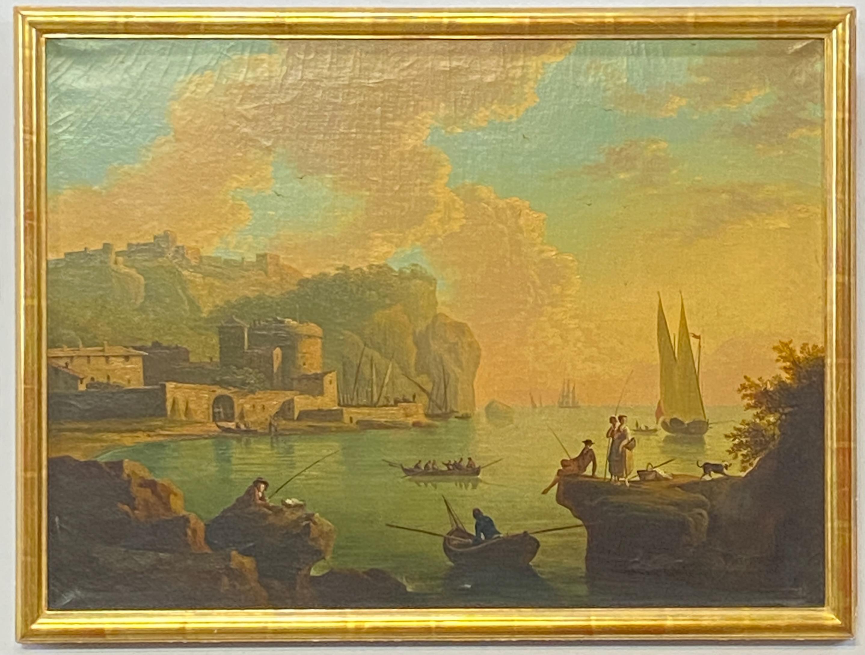 18th Century painting of an Italian coastal scene, unsigned.
Professionally cleaned and relined in the second half of the 20th century.
New gold leaf frame.
Italian, mid to late 18th century.
