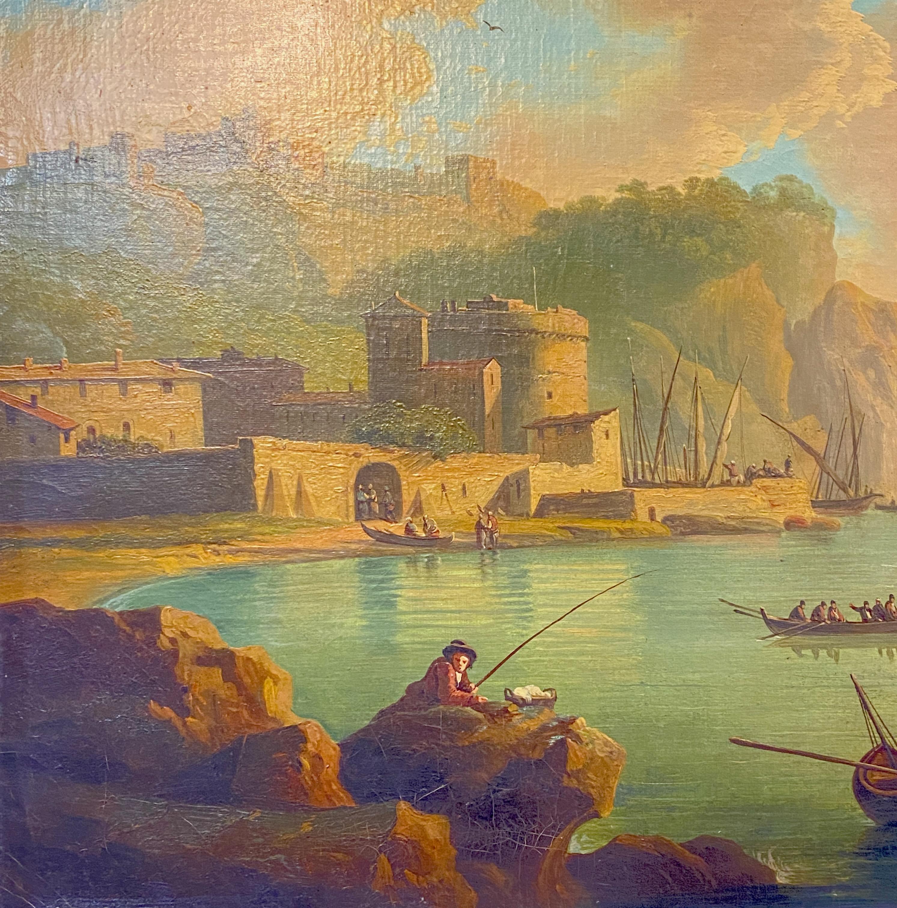 Hand-Painted Italian Coastal Scenic Oil Painting, 18th Century For Sale