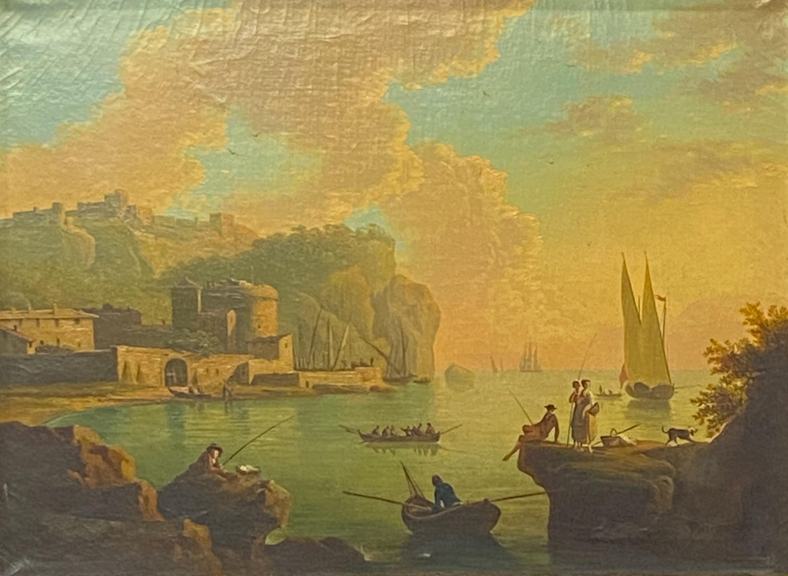 Italian Coastal Scenic Oil Painting, 18th Century In Good Condition For Sale In San Francisco, CA