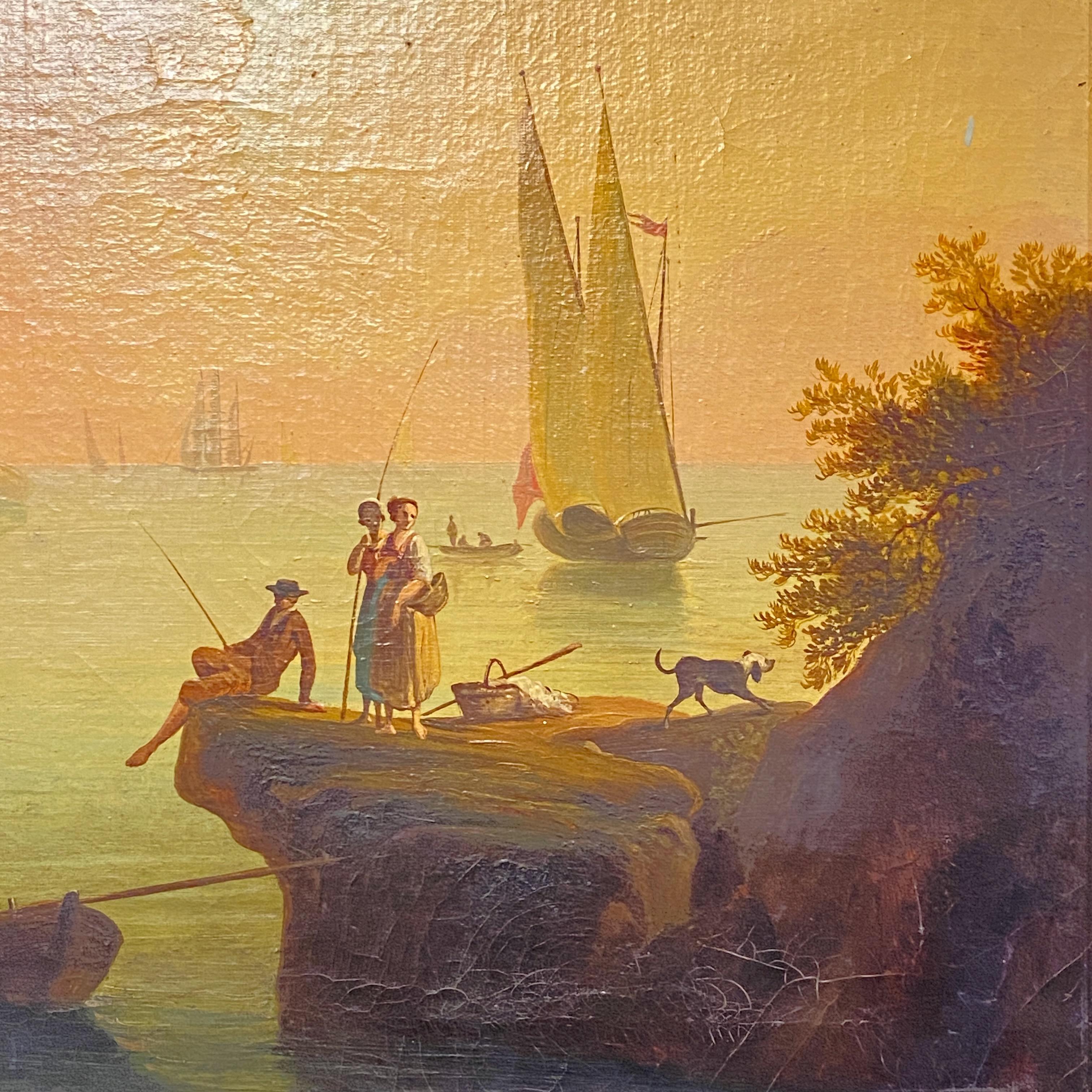 Canvas Italian Coastal Scenic Oil Painting, 18th Century For Sale