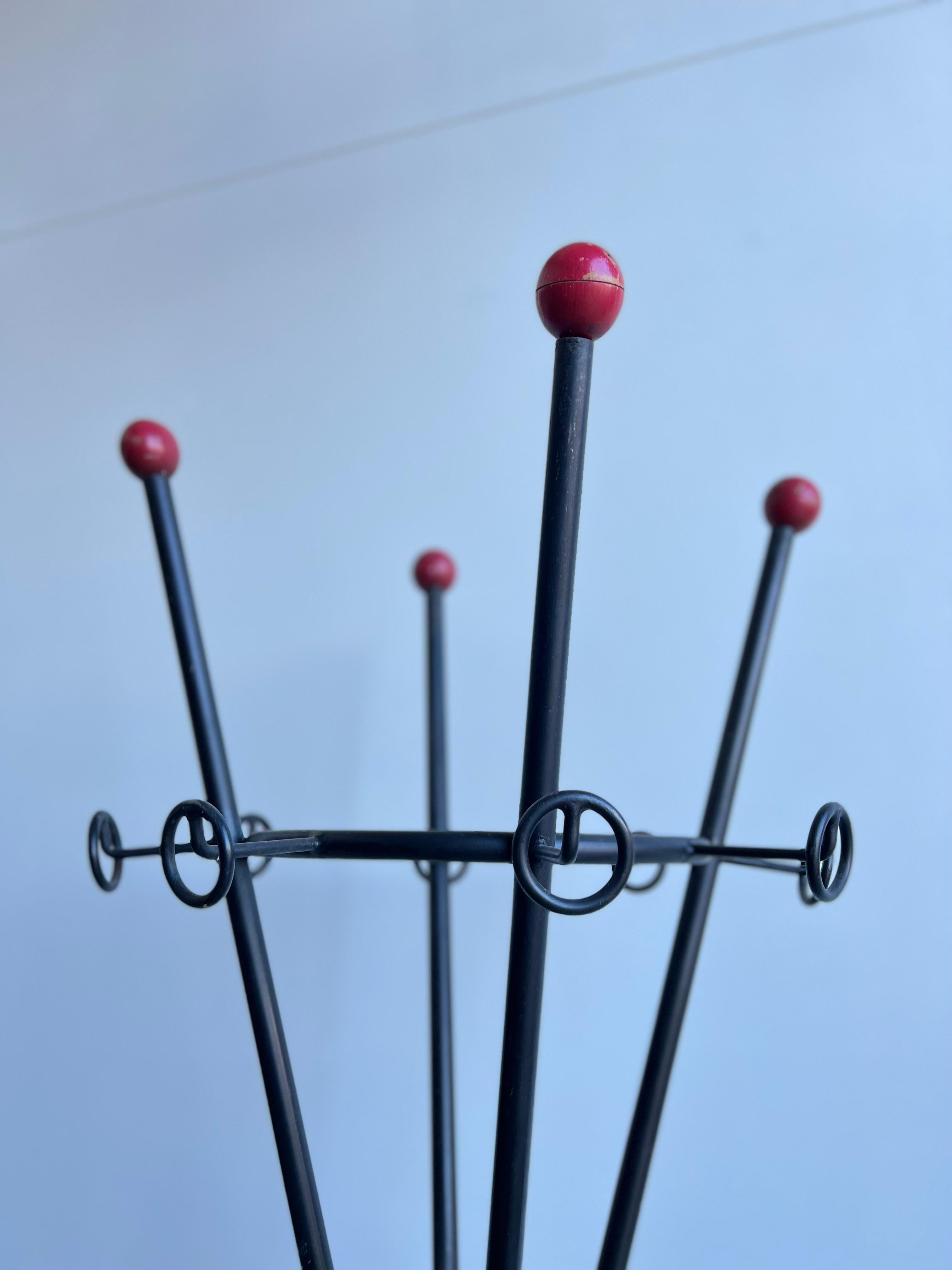 Mid-Century Modern Italian Coat and Hat Rack in Metal with Wood Balls For Sale
