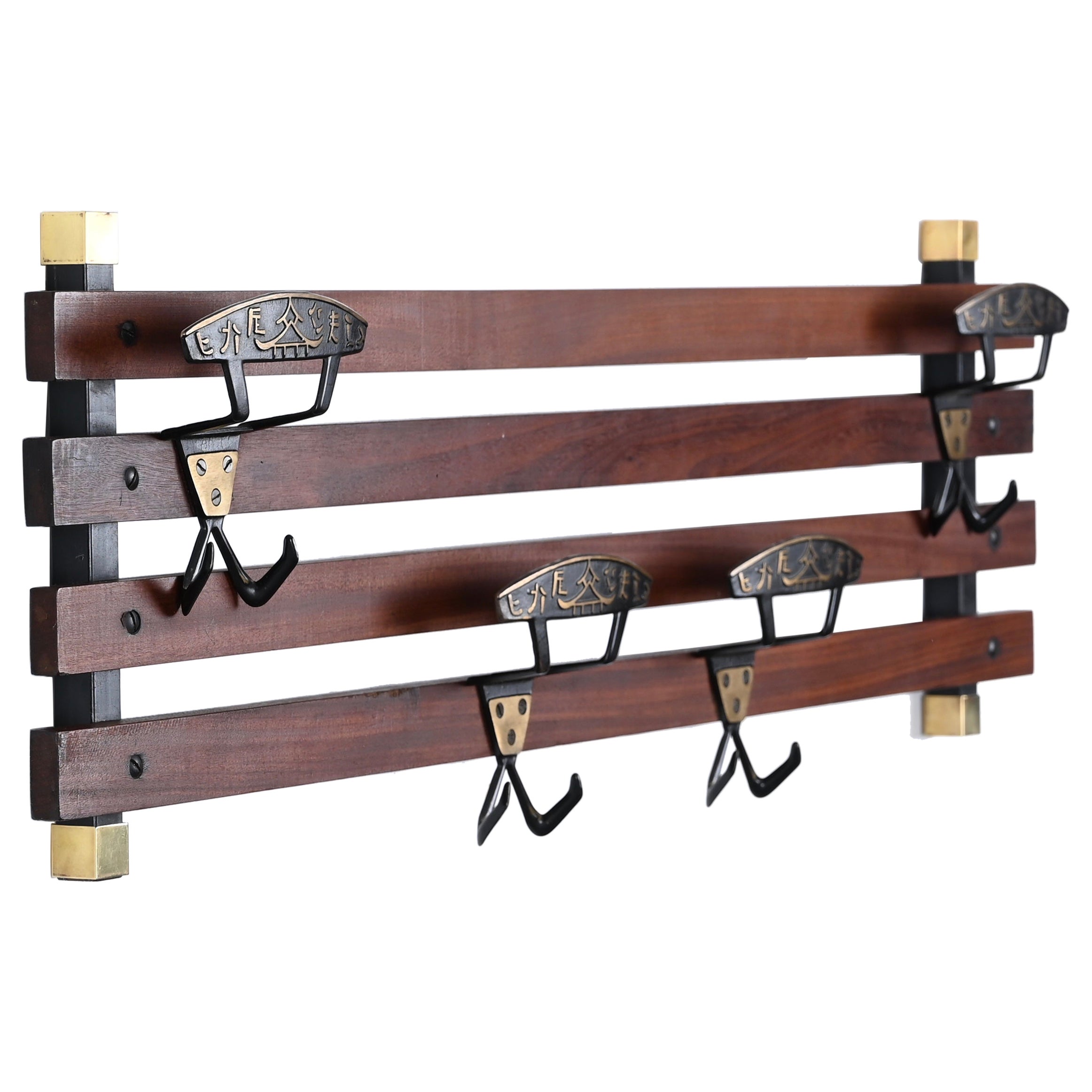 Appendiabiti italiano in teak, ottone e ferro smaltato nero, Italia anni '60