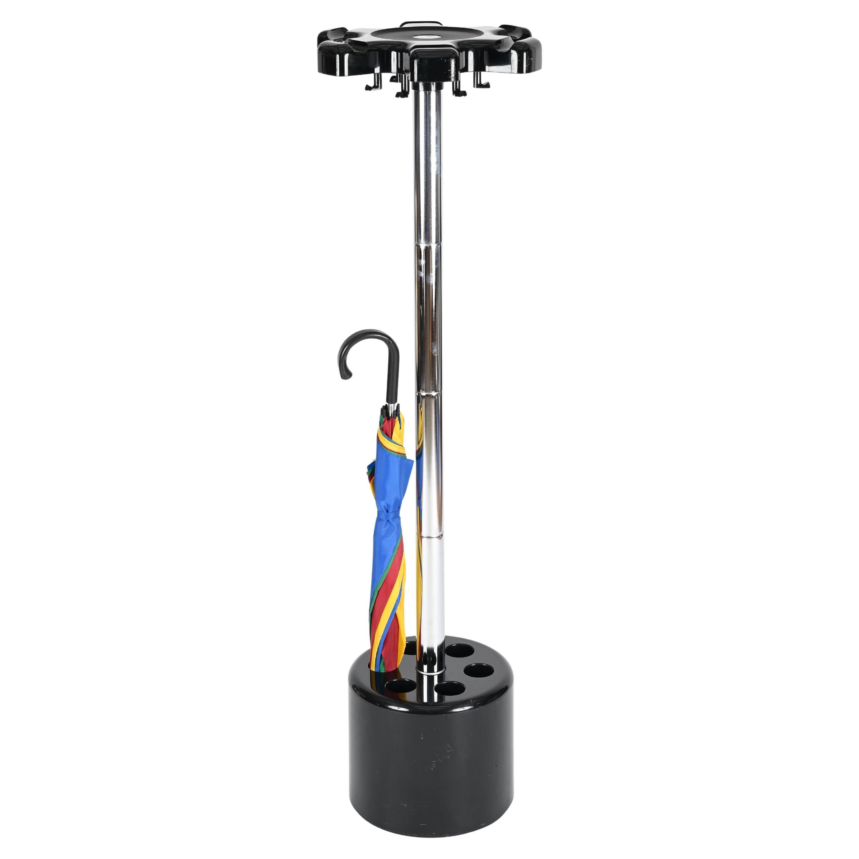 Italian Coat Umbrella Stand Chrome and Black Plastic by Lucchi for Velca, 1970s