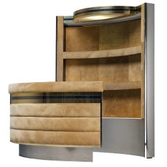 Italian Cocktail Bar in Beige Suede and Chrome in the Style of Willy Rizzo