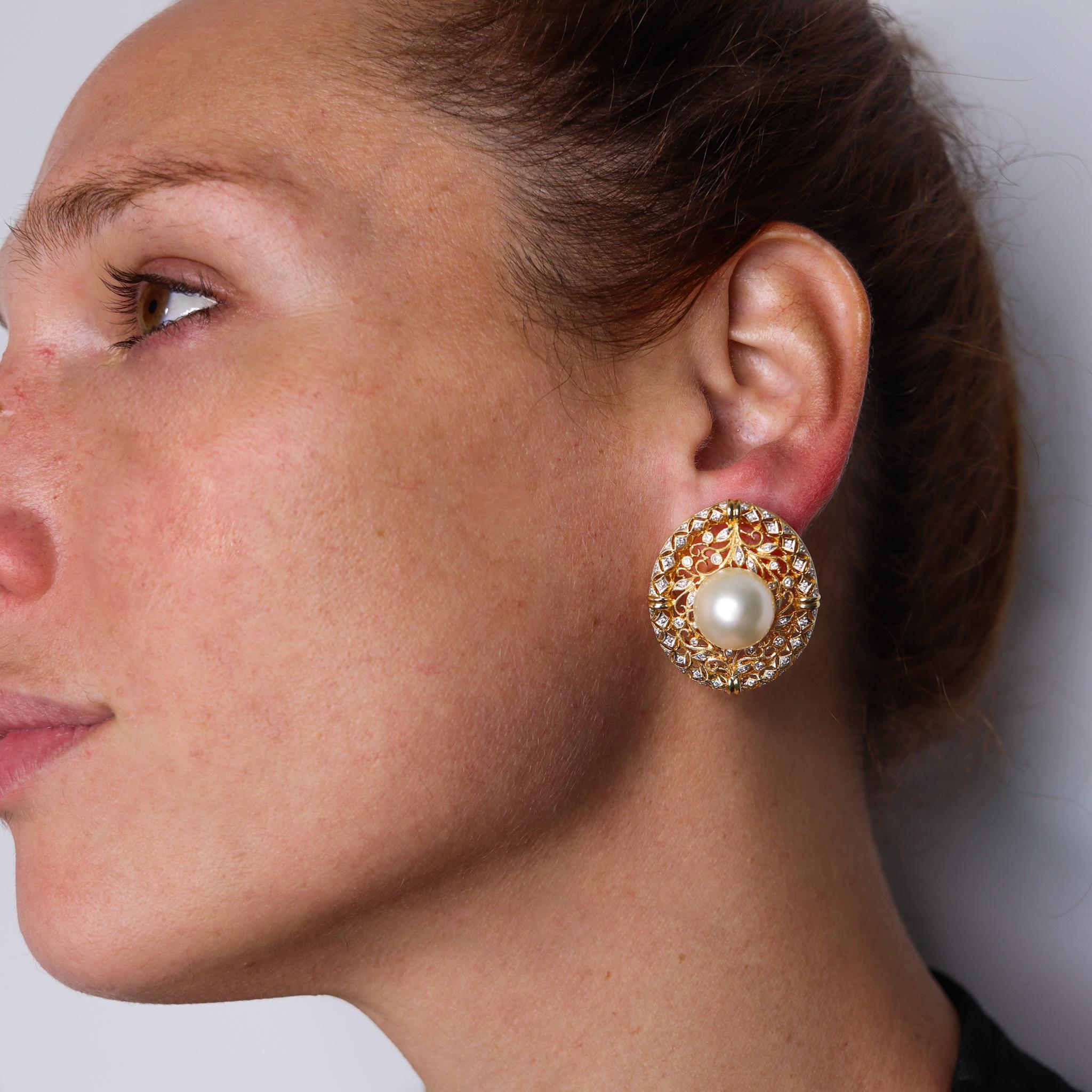 Women's Italian Cocktail Cluster Earrings in 18Kt Gold South Seas Pearls & Diamonds For Sale