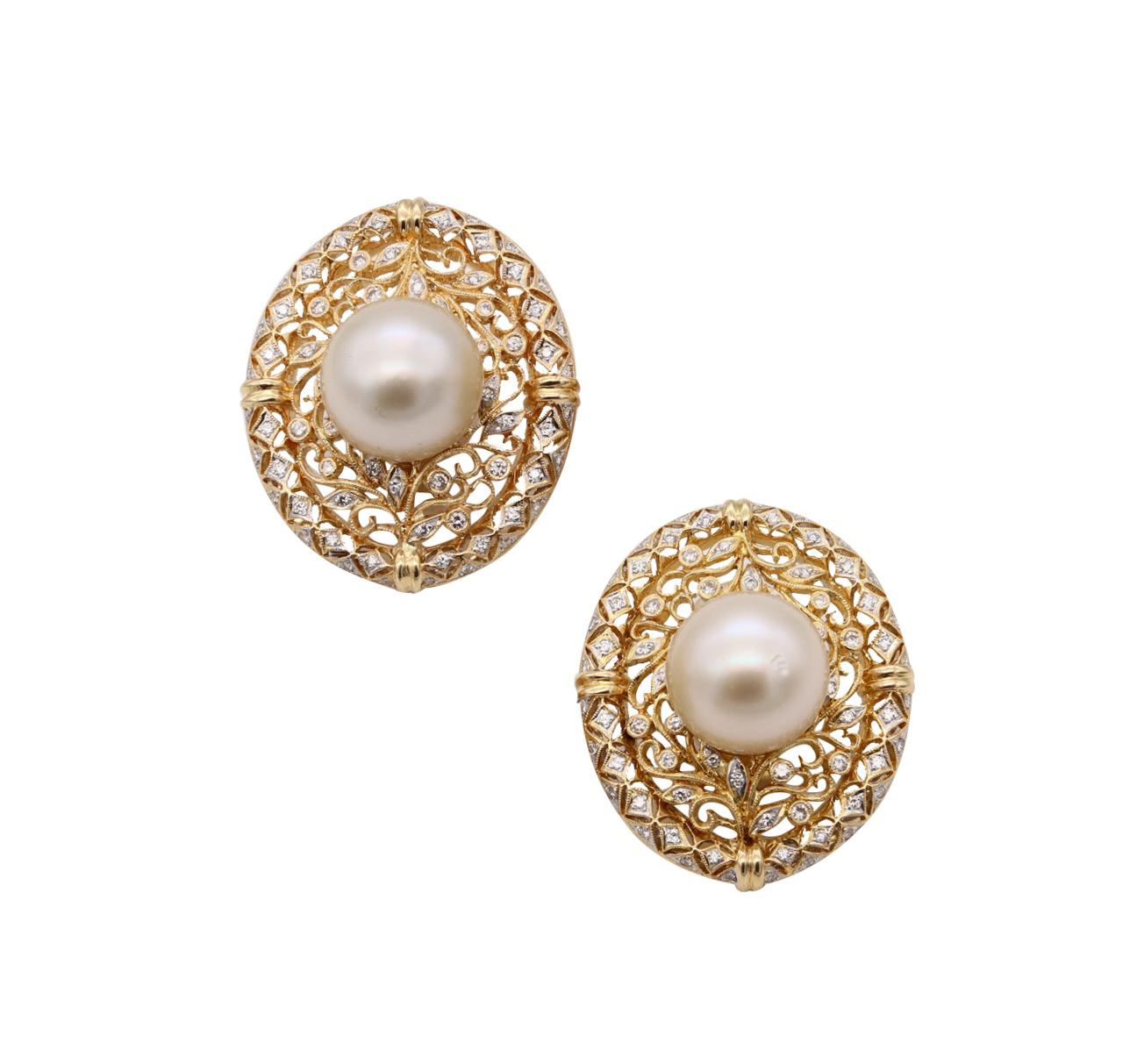 Italian Cocktail Cluster Earrings in 18Kt Gold South Seas Pearls & Diamonds For Sale 1