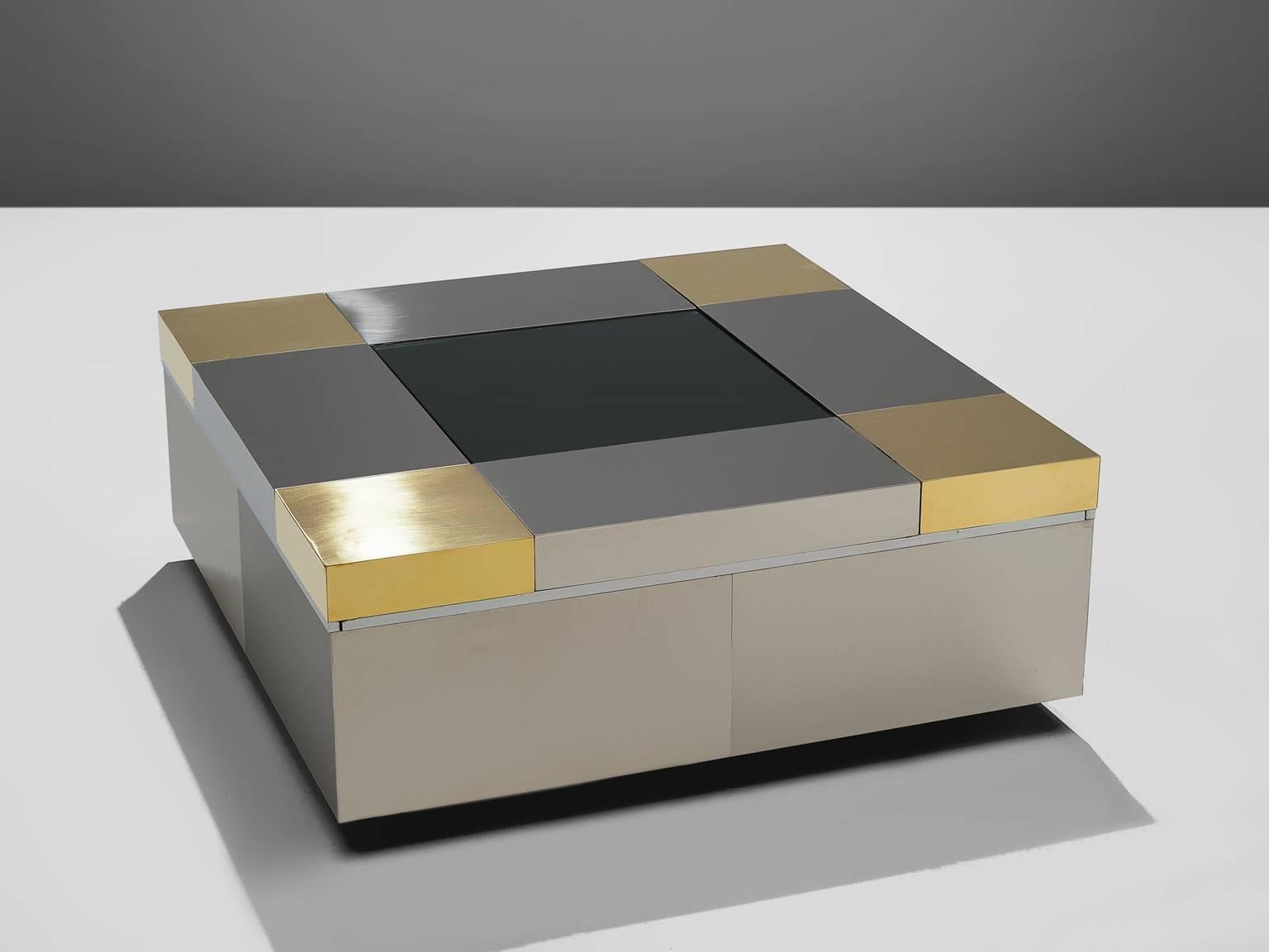 Coffee table, steel and brass, 1970s, Italy.

This cocktail table is designed in the style of Willy Rizzo. The coffee table features particular design aesthetics of postmodern Italian design that features traits of the design of Gabriella Crespi. It