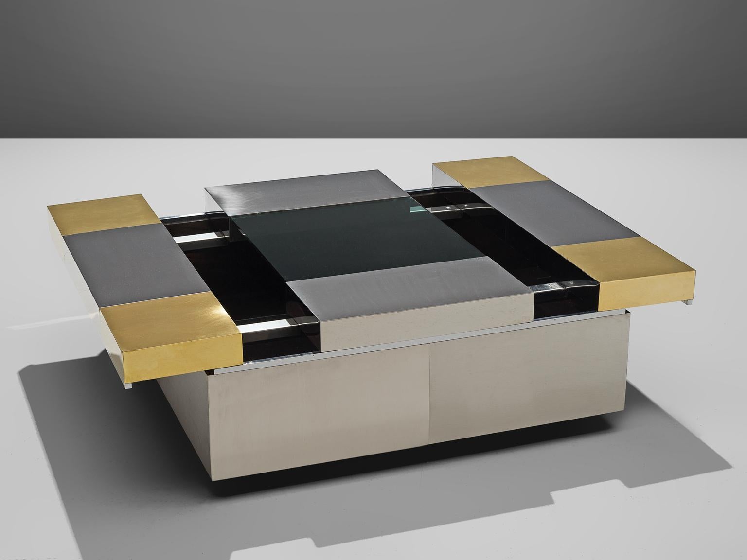Coffee table, steel and brass, 1970s, Italy.

This coffee table features particular design aesthetics of postmodern Italian design that features traits of the design of Gabriella Crespi. It features slick and clean look thanks to the combination