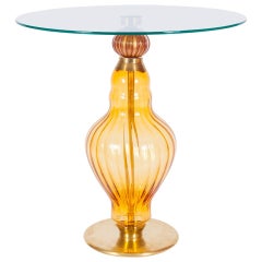 Italian Cocktail Table in Blown Murano Glass Amber with  brass core contemporary